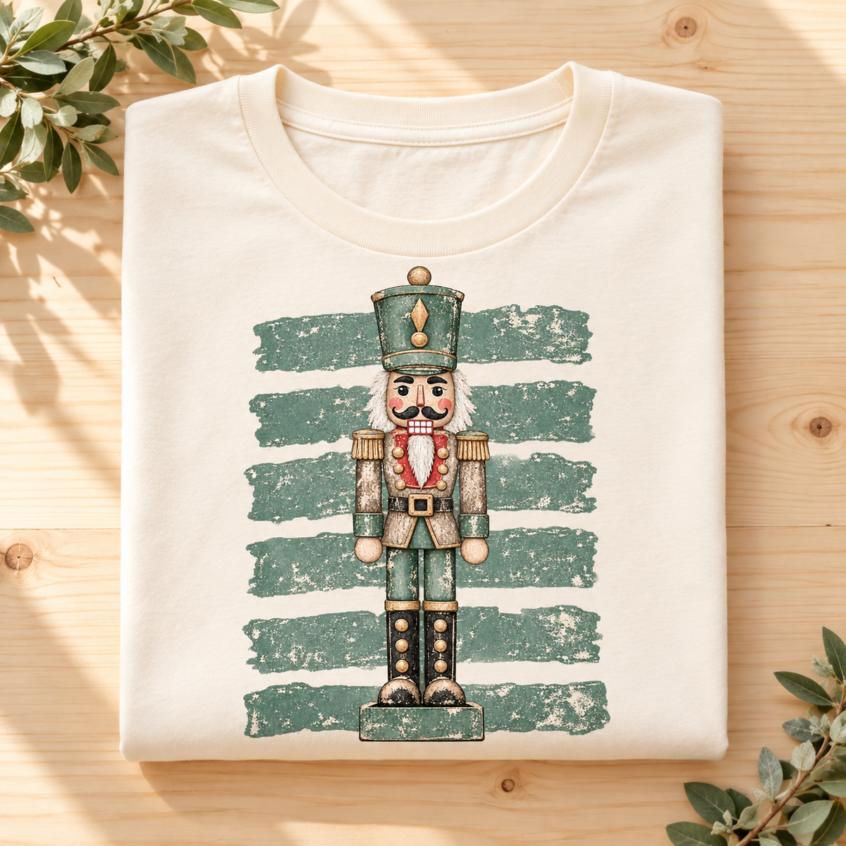 Cream t-shirt with a distressed nutcracker graphic and green stripes.