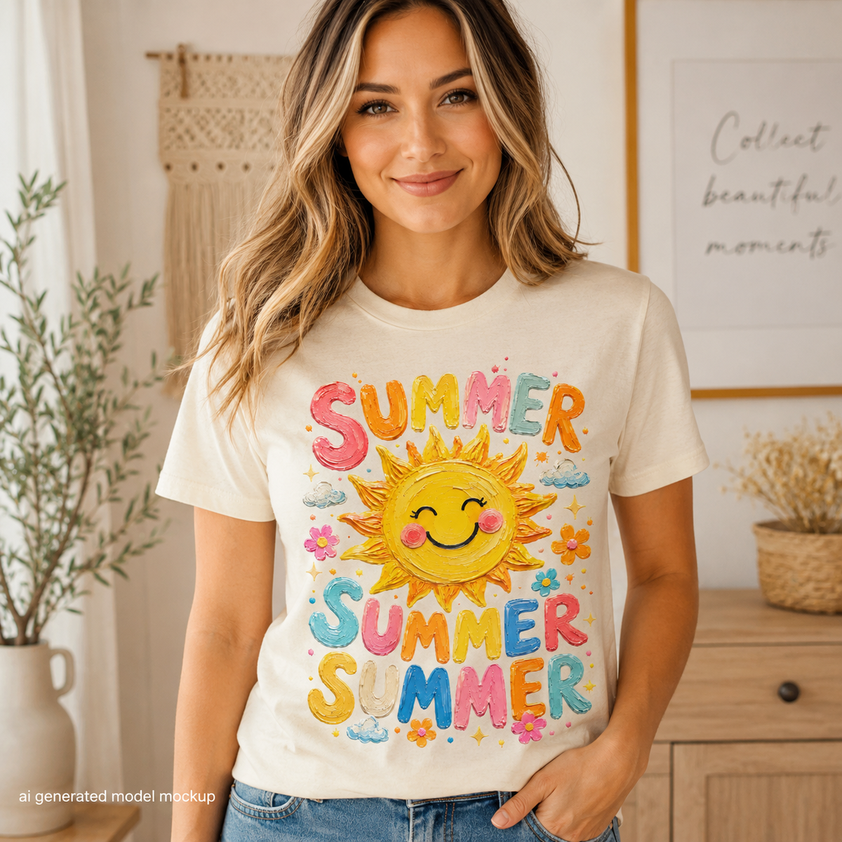Cream t-shirt with "SUMMER SUMMER SUMMER" text and a smiling sun graphic.