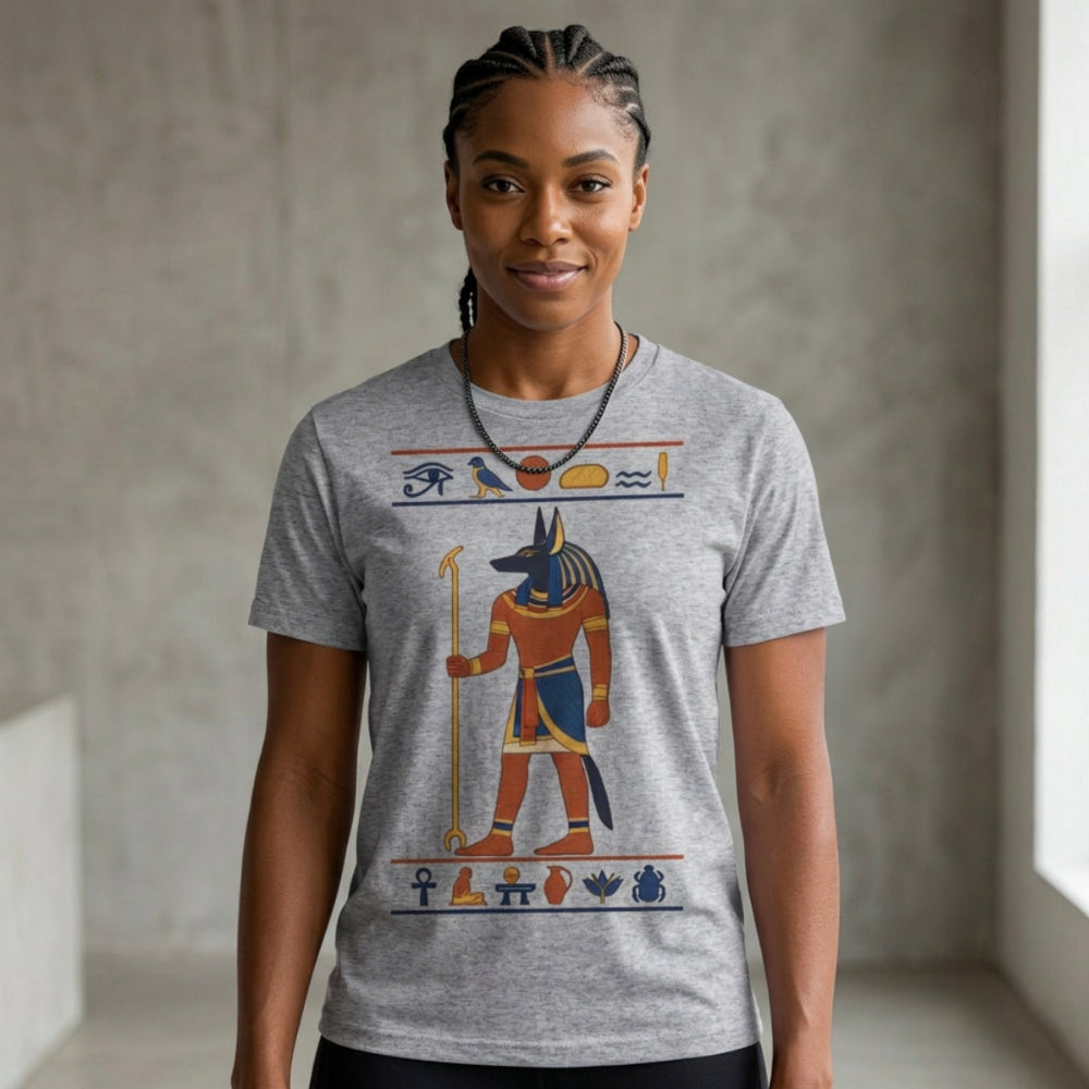 Grey t-shirt with ancient Egyptian Anubis illustration and hieroglyphs.