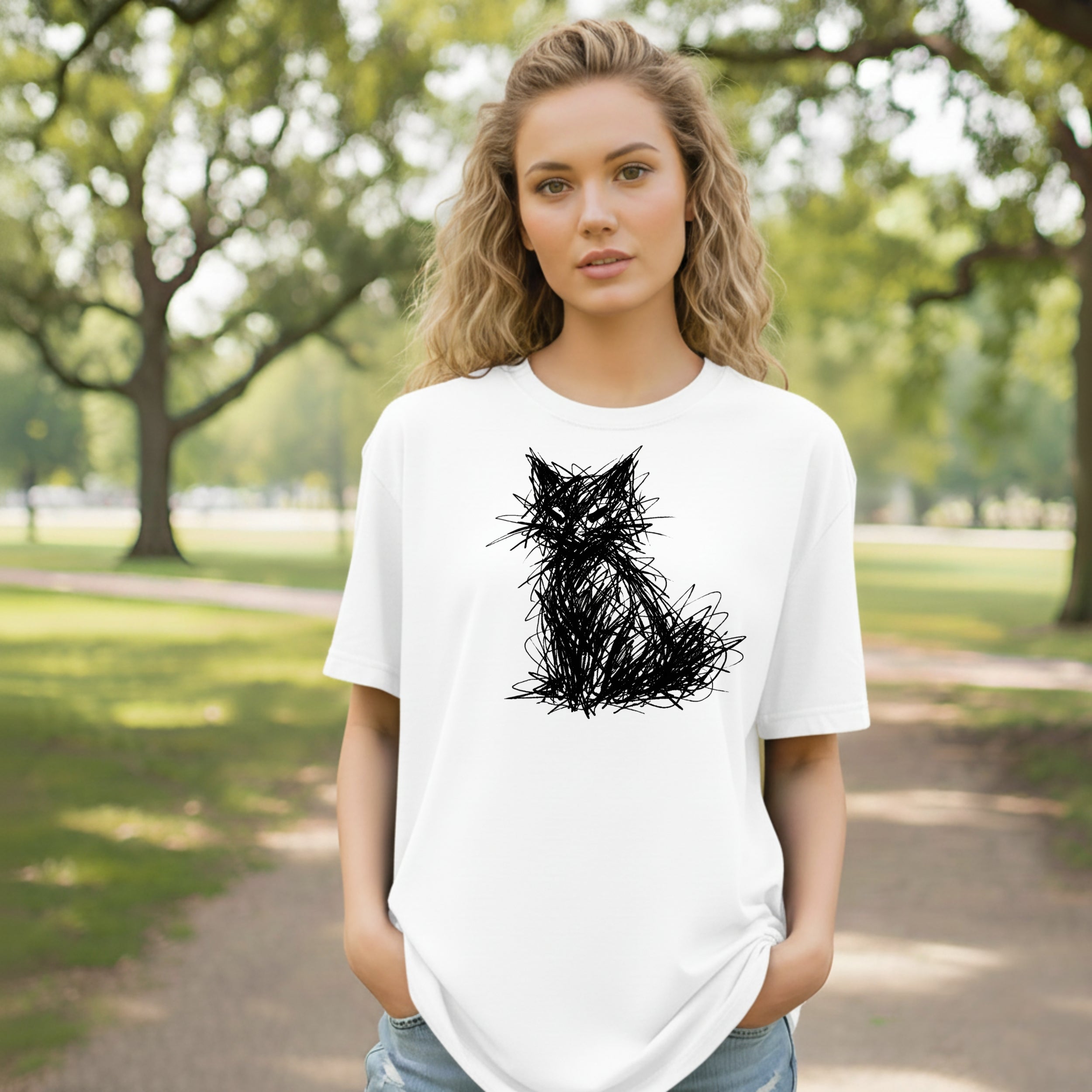 Artistic Scribble Cat Design on White T-Shirt Product