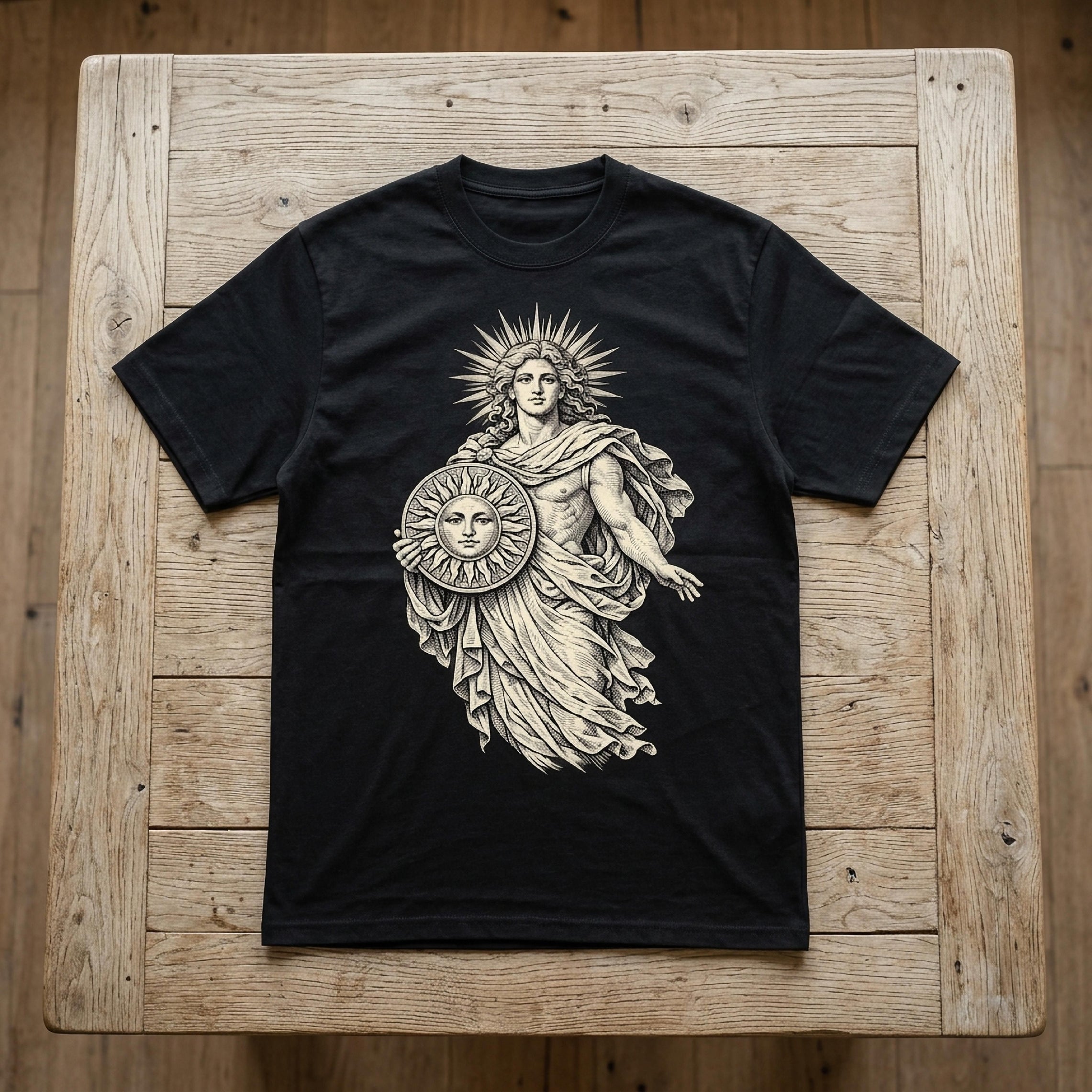 Black t-shirt with a circular graphic of a sun-like deity holding a shield.