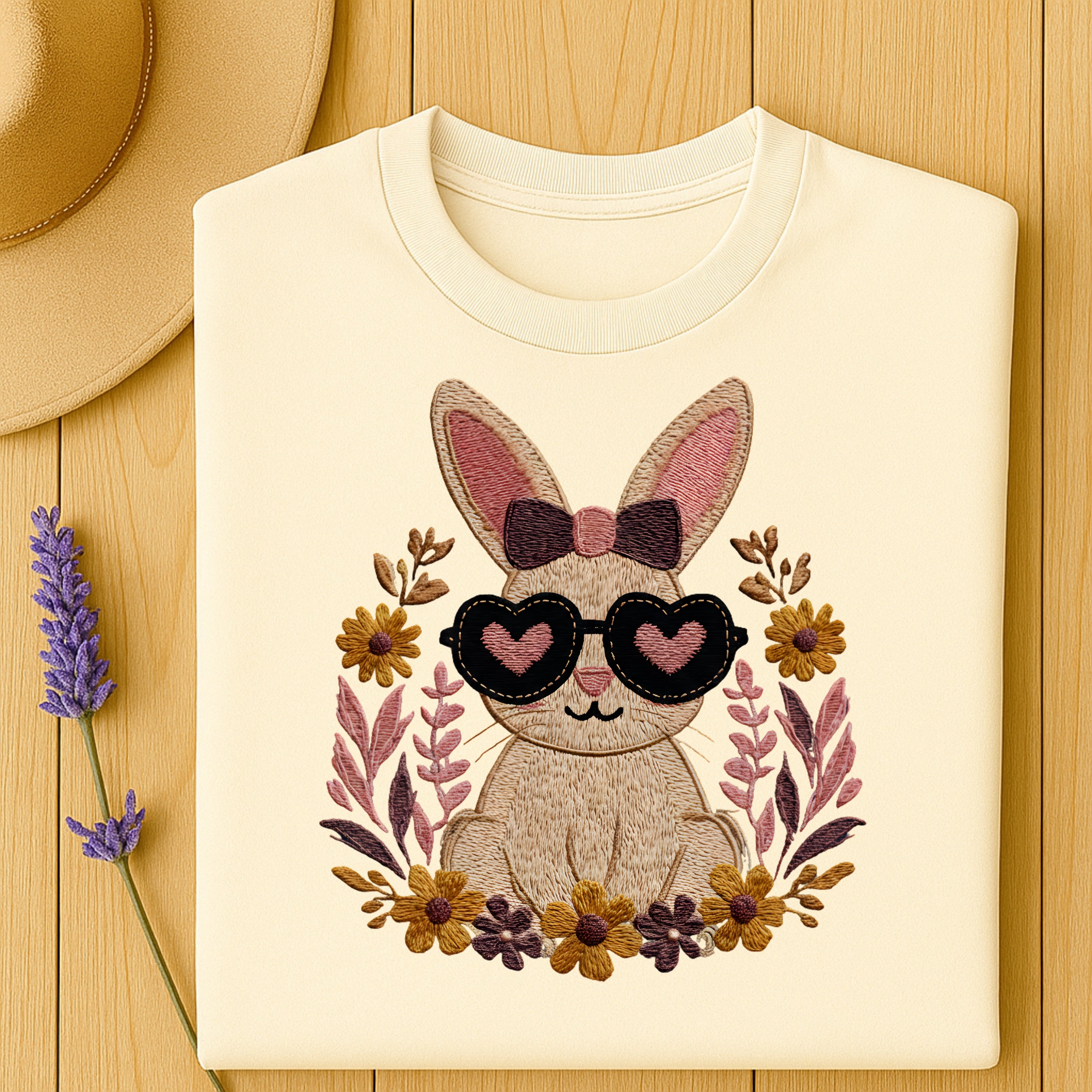 Cute Bunny Wearing Heart Sunglasses Embroidered Shirt