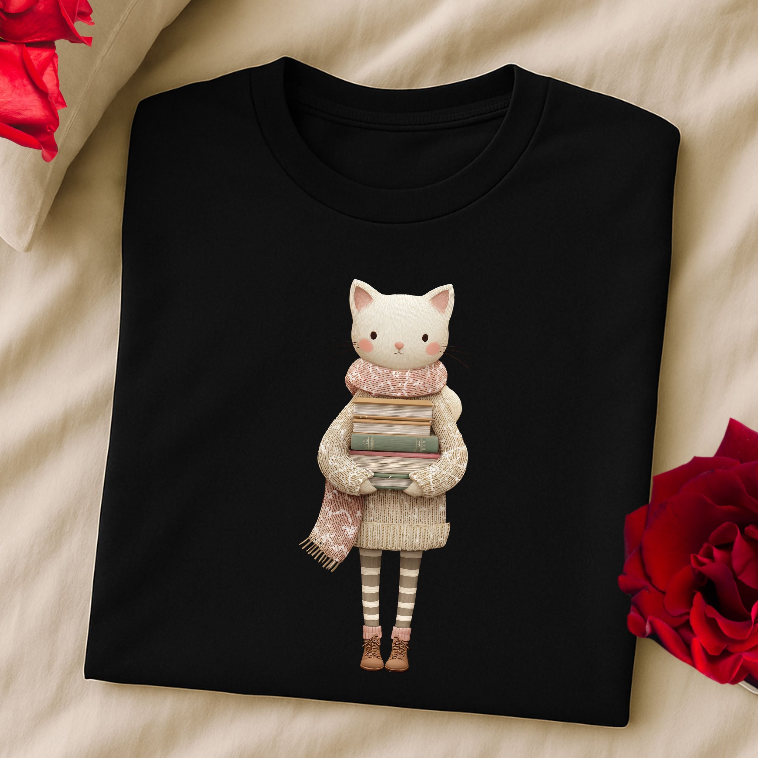 Cute Cat with Books Print on Black T-Shirt for Book Lovers
