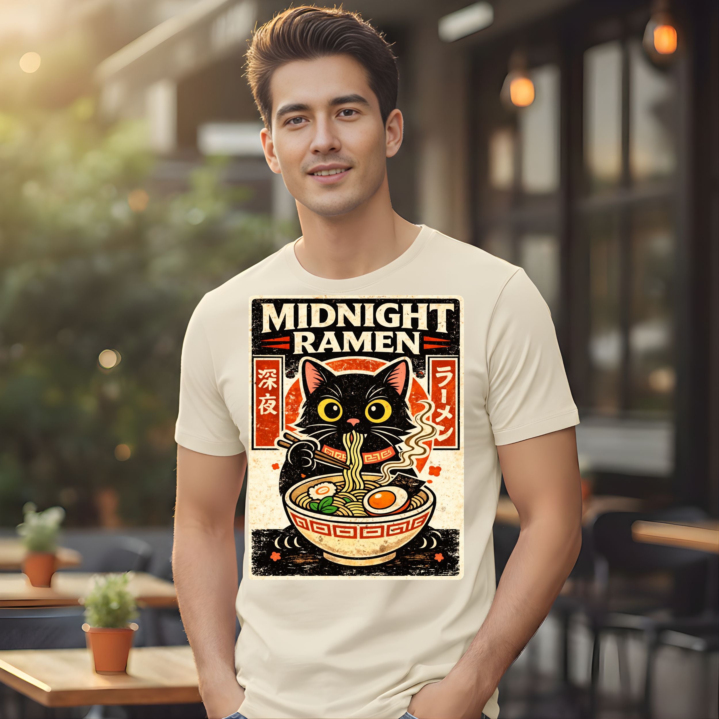 Midnight Ramen Cat Graphic Tee for Food Enthusiasts