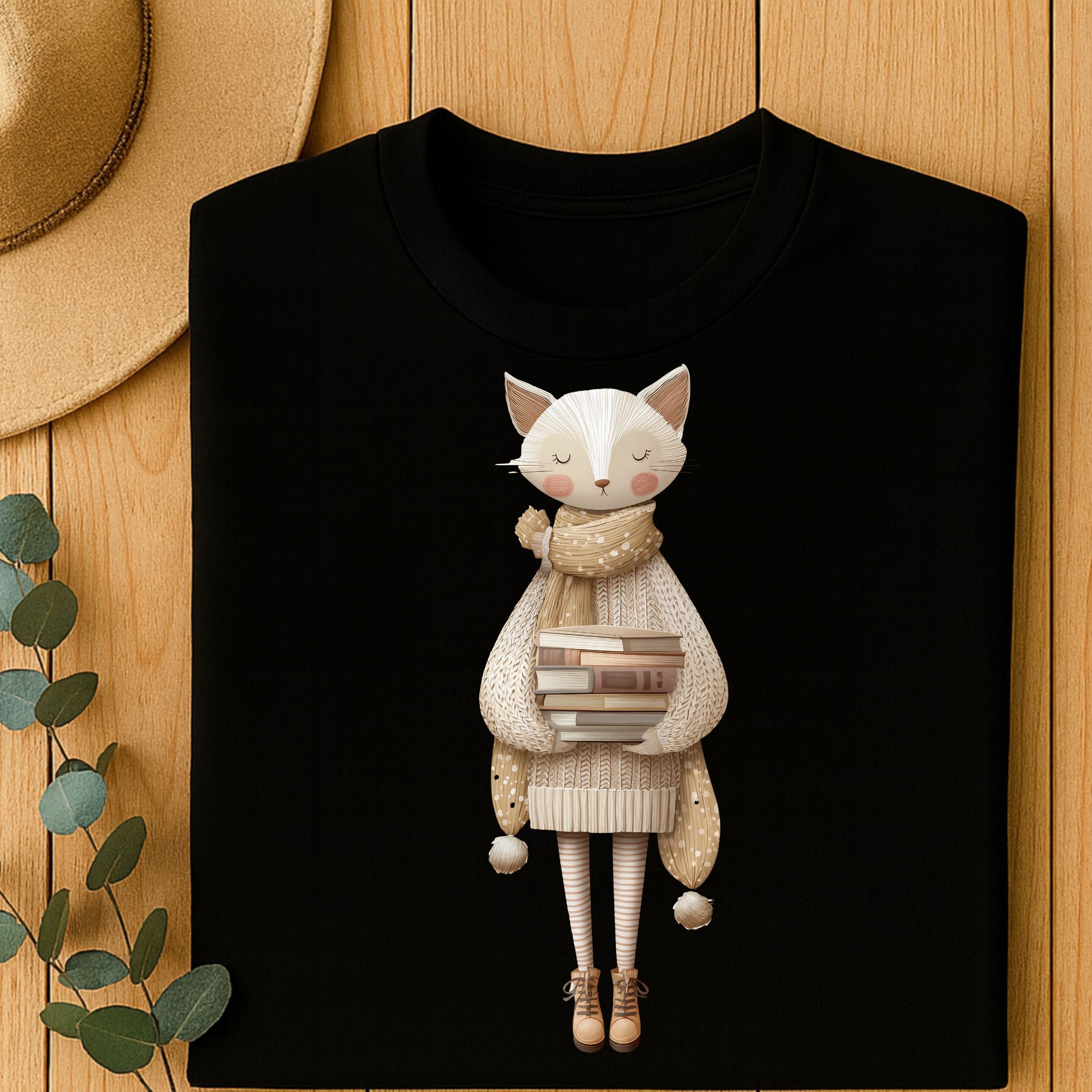 Cozy Cat with Books Graphic on Black Shirt Product