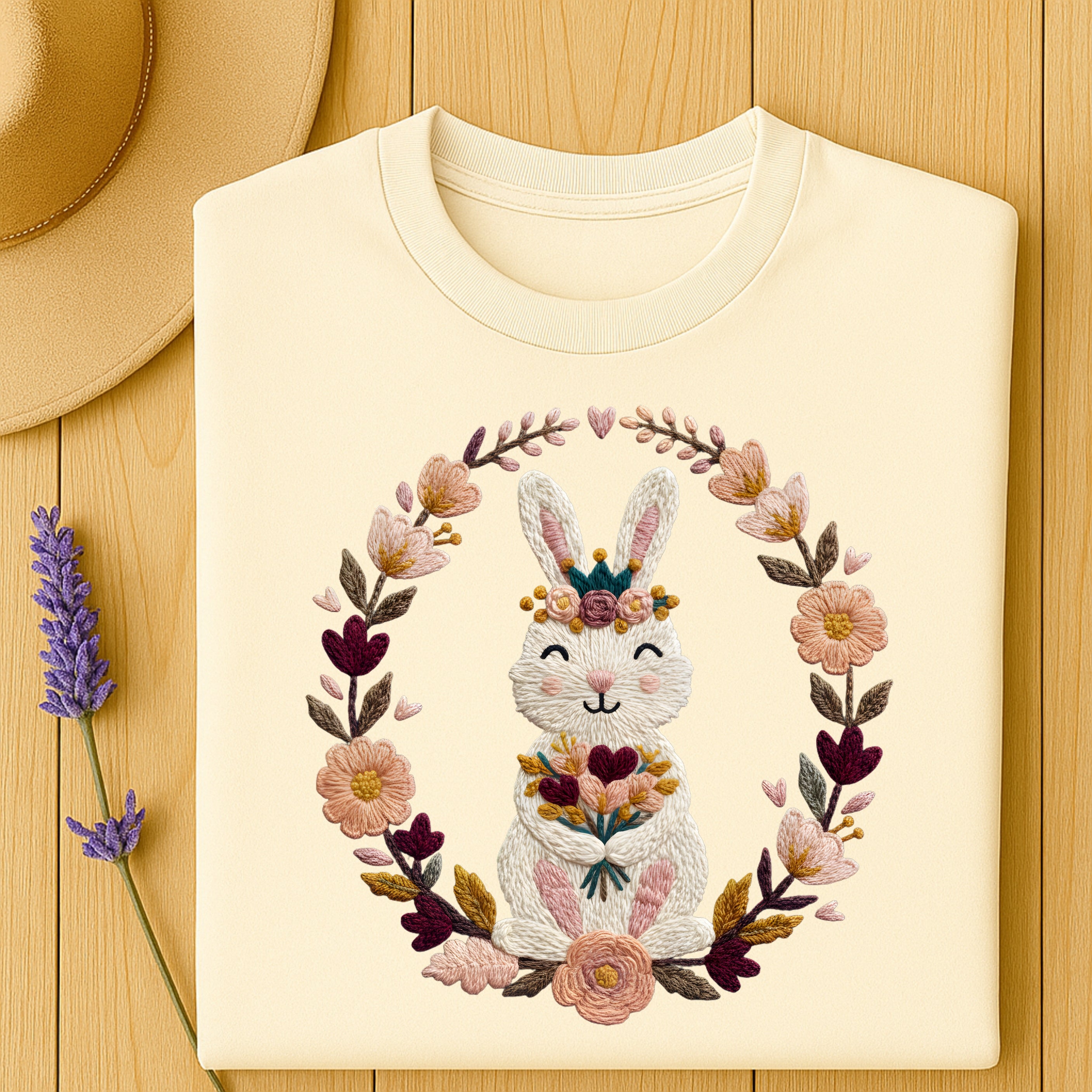 Cute Bunny with Floral Wreath Embroidery Shirt