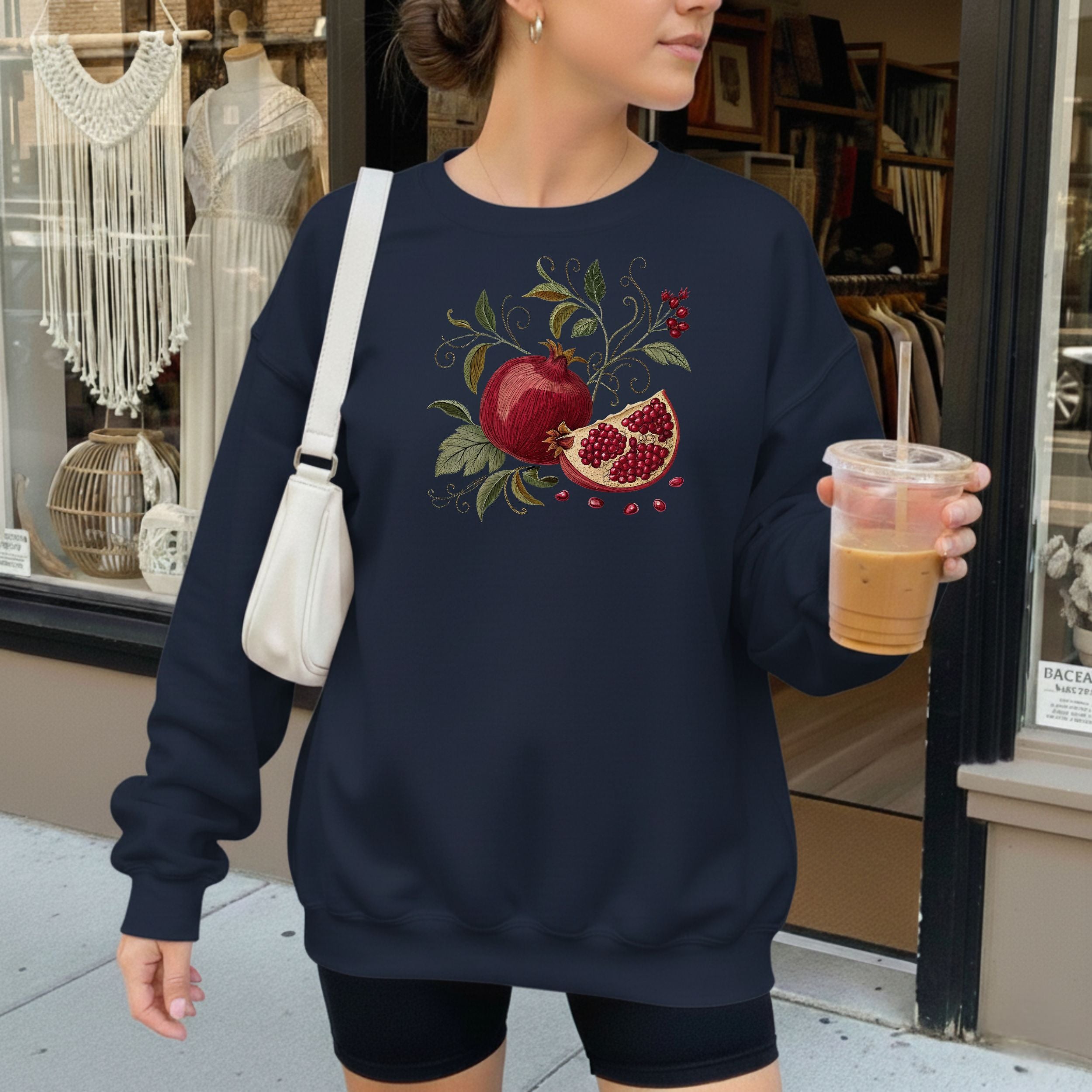 Pomegranate and Foliage Graphic Long-Sleeve Top