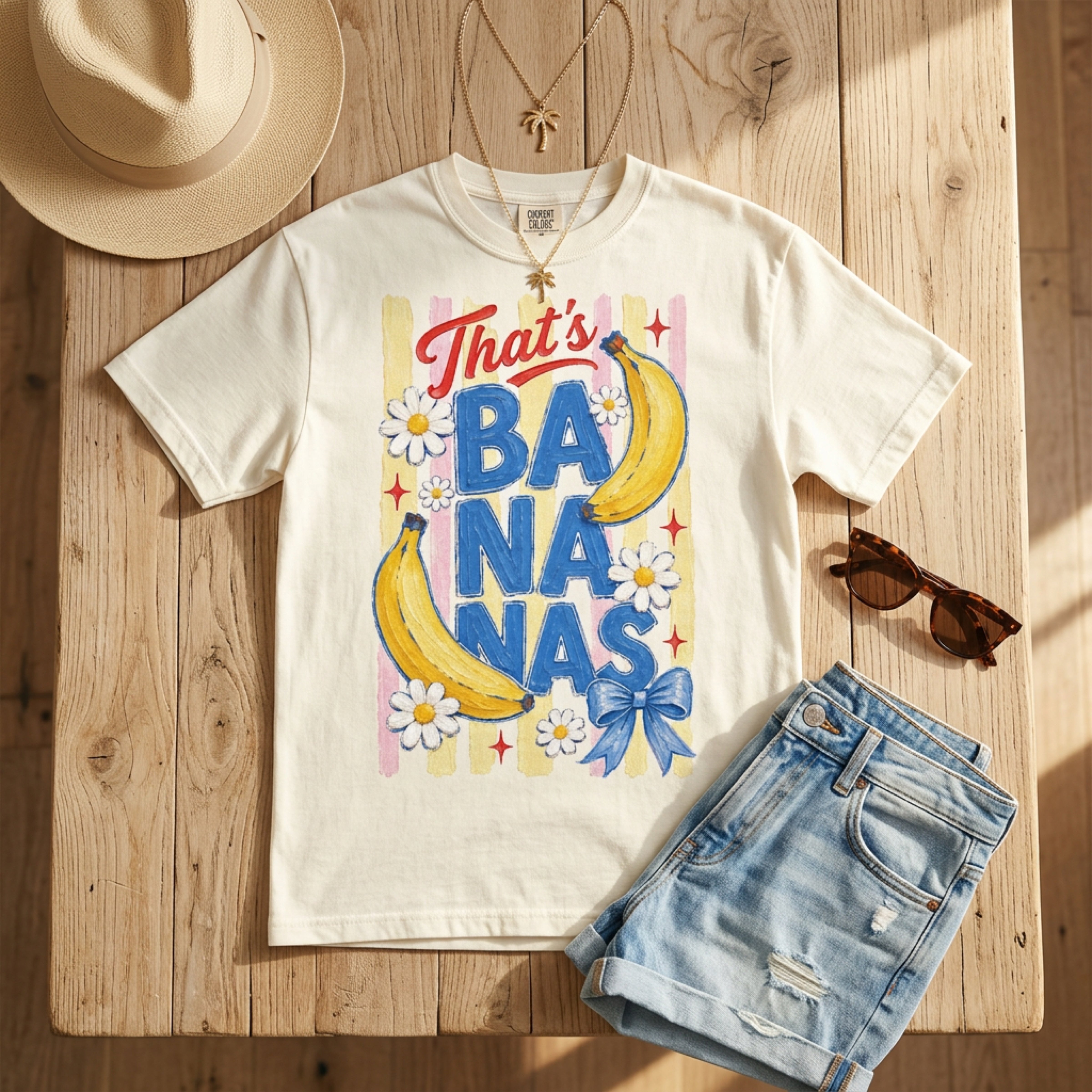 Cream t-shirt with "That's Bananas" graphic and banana illustrations.