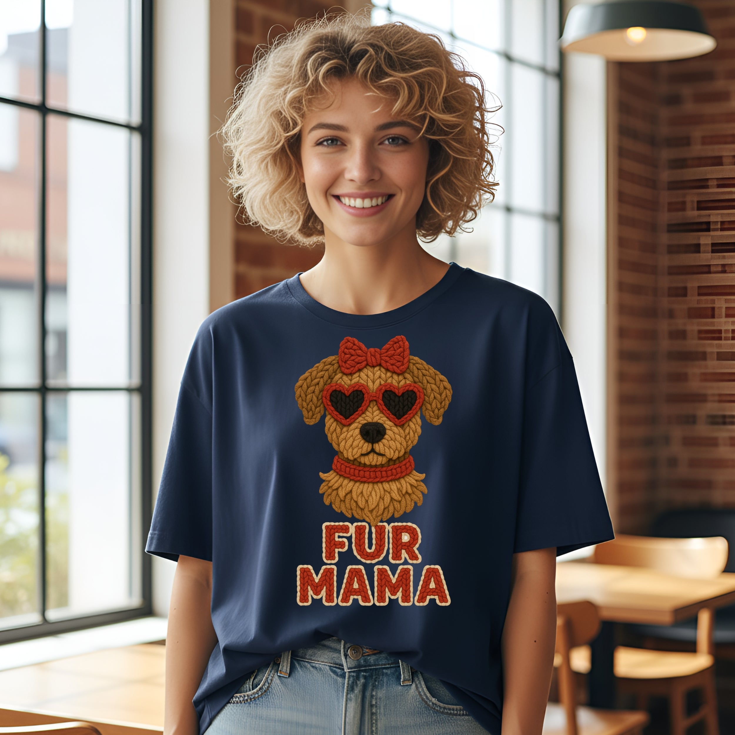 Woman wearing a navy t-shirt with a cartoon dog wearing heart sunglasses.