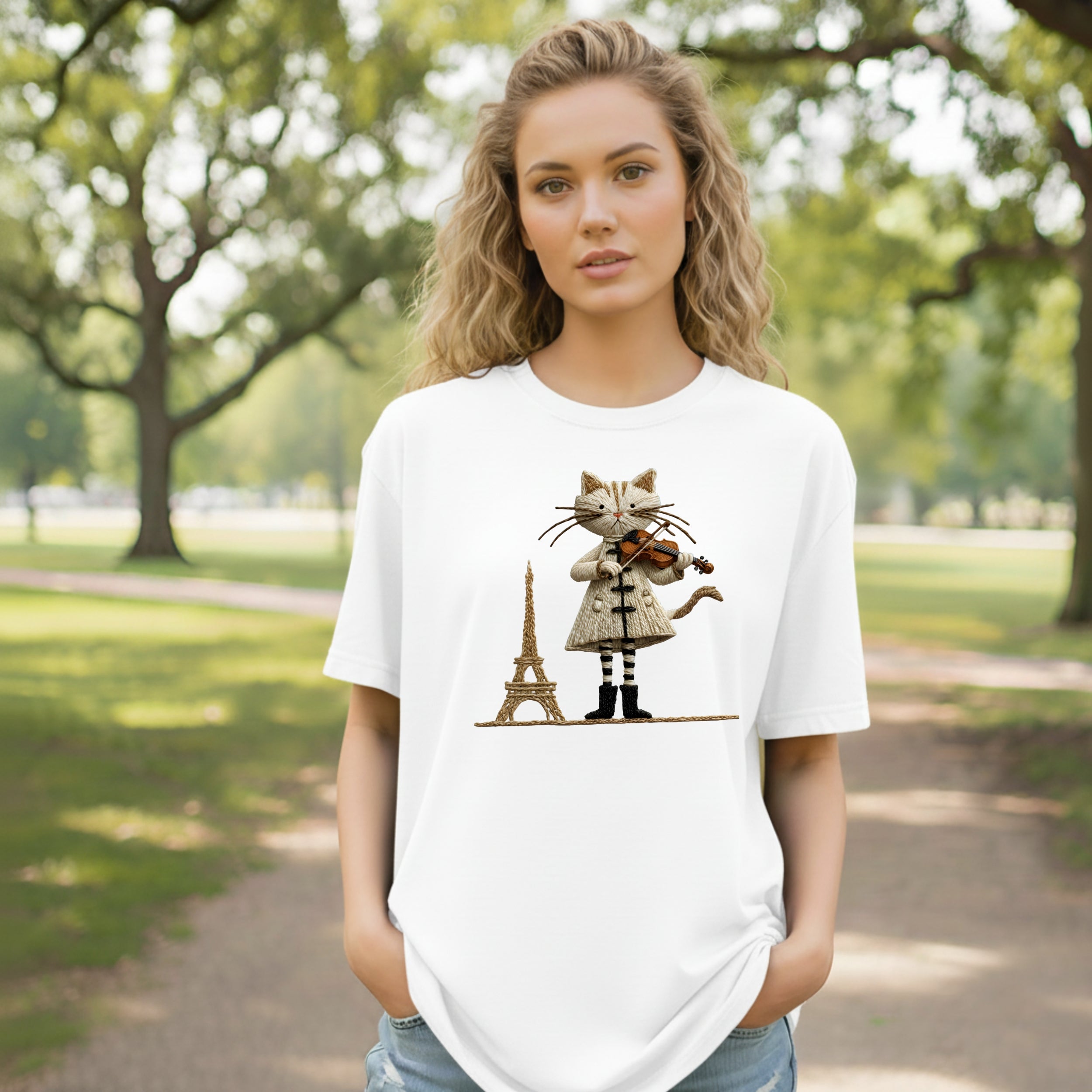 Paris Cat Violinist Graphic Tee White T-Shirt