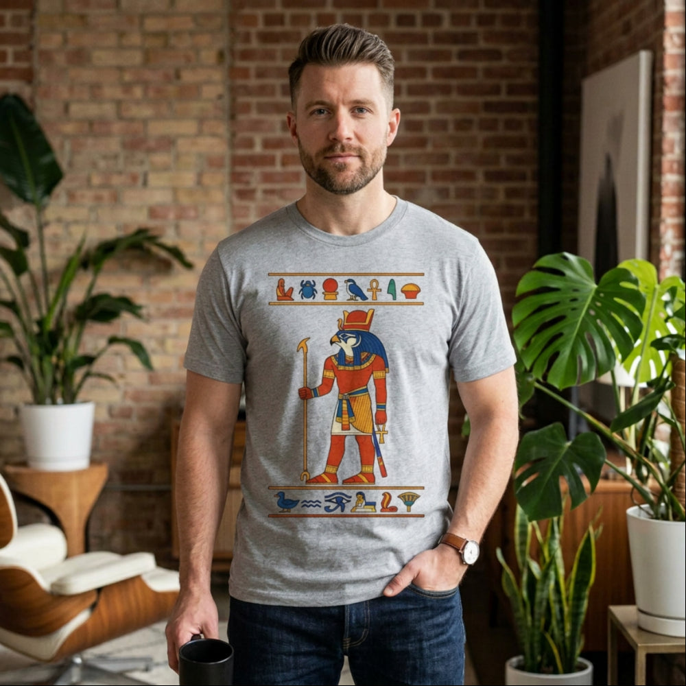 Man wearing gray t-shirt with Egyptian hieroglyphic-style graphic.