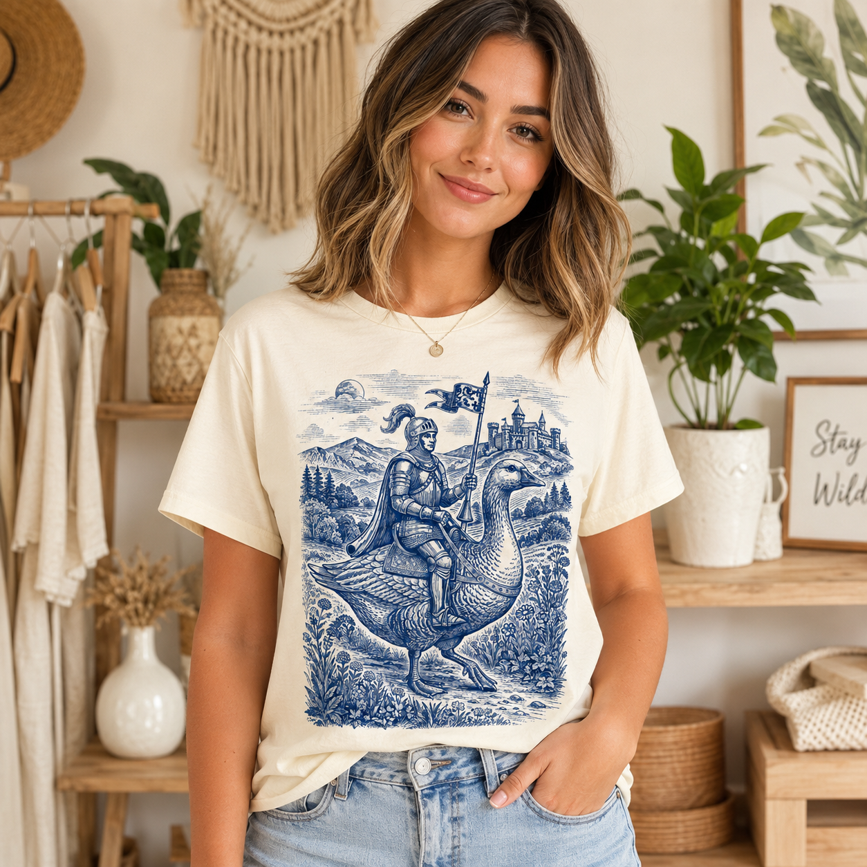 Cream t-shirt with blue medieval knight on goose illustration.