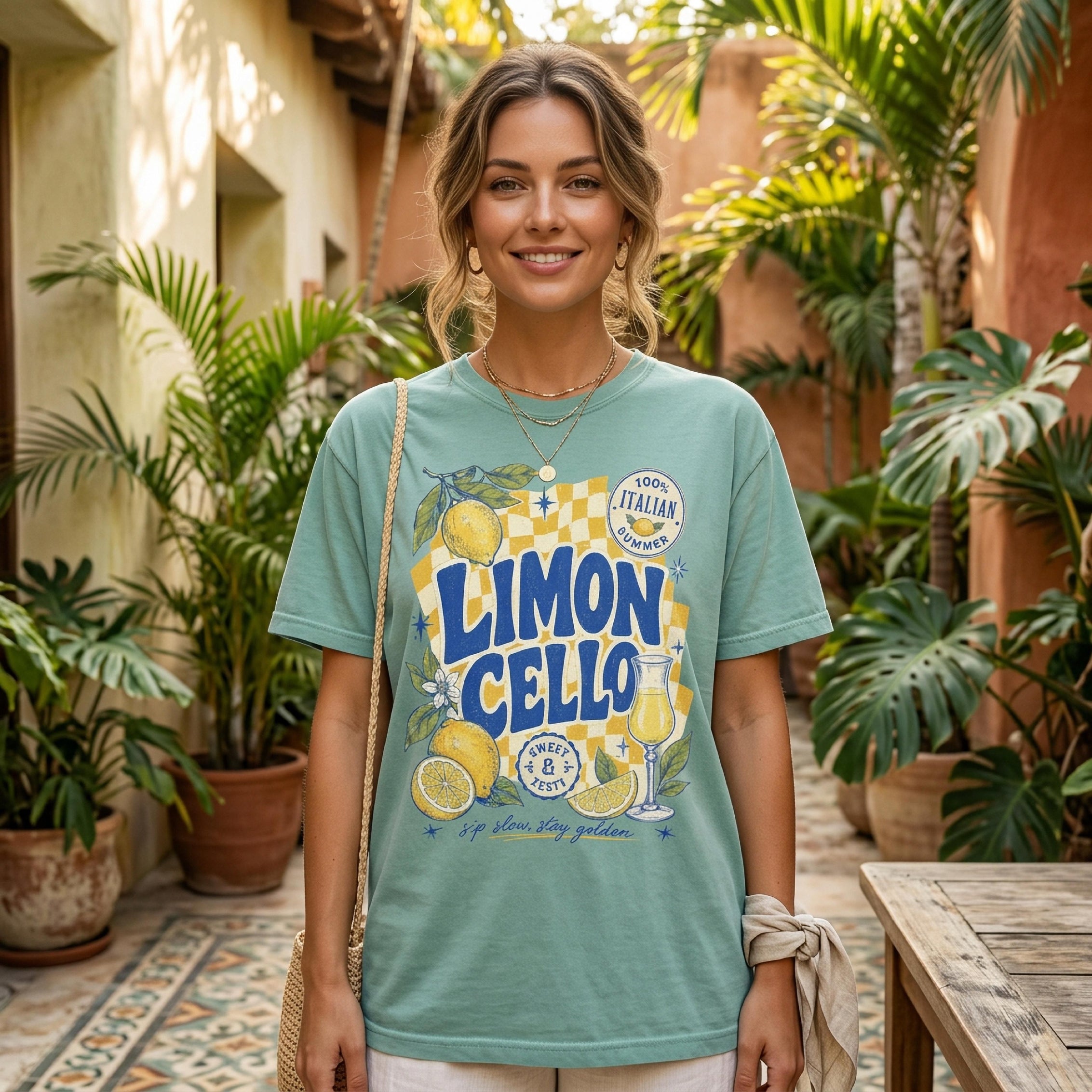 Light green t-shirt with "Limoncello" graphic and summer phrases.