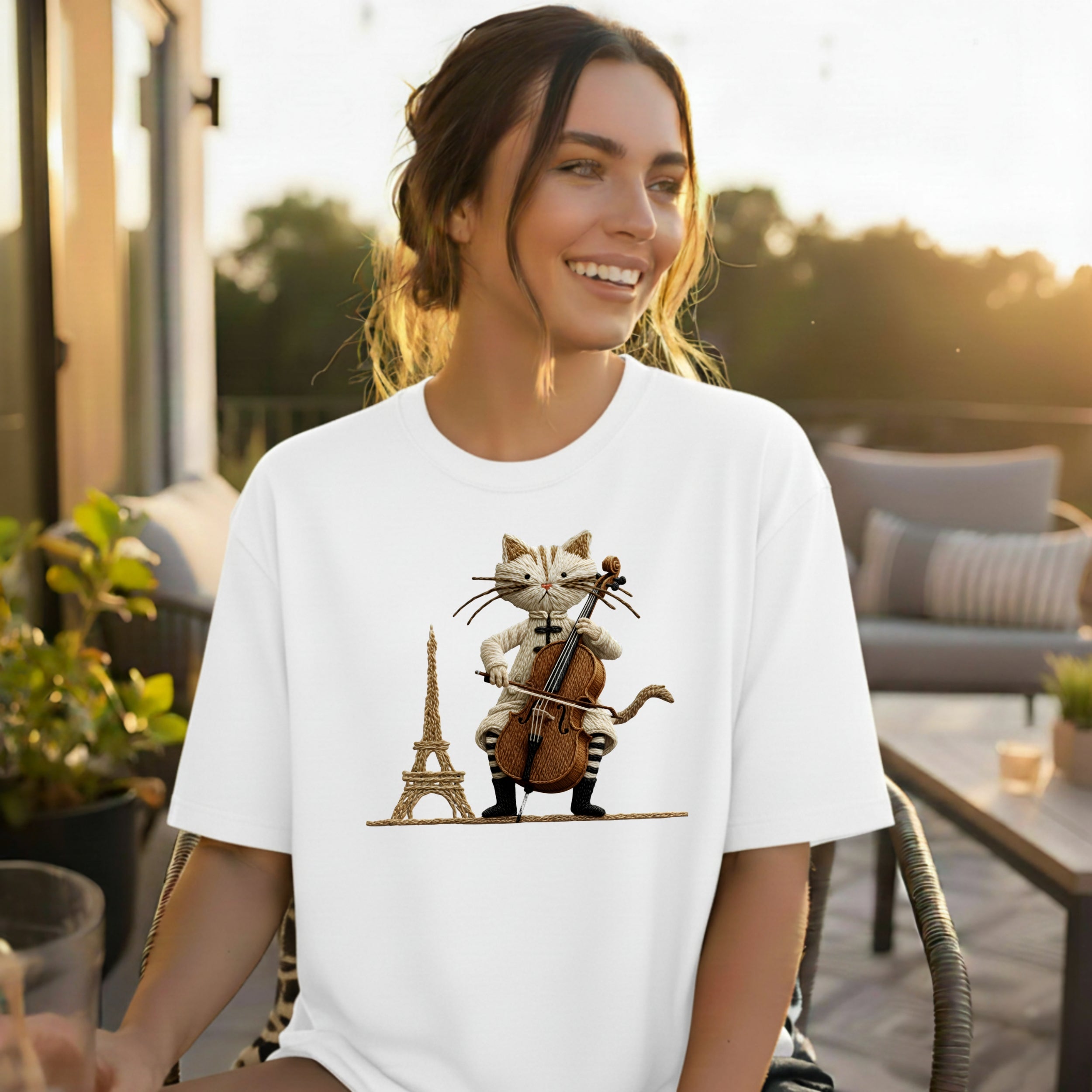 Cat Playing Cello Eiffel Tower Design T-shirt
