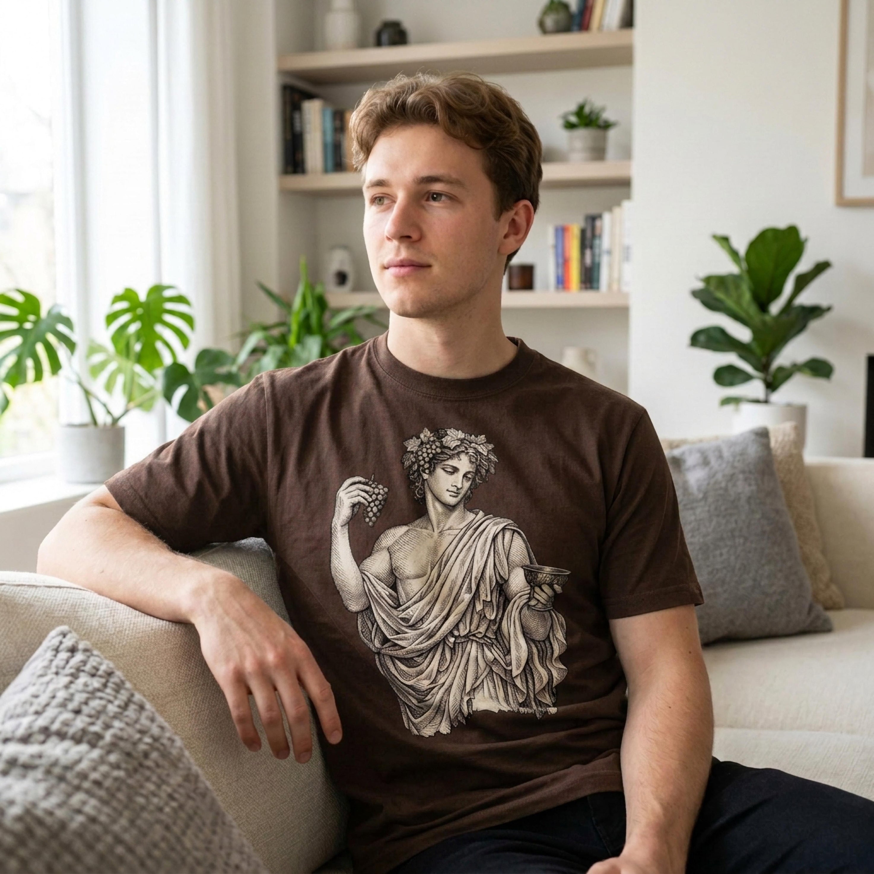 Man wearing brown t-shirt with illustration of classical figure holding grapes.
