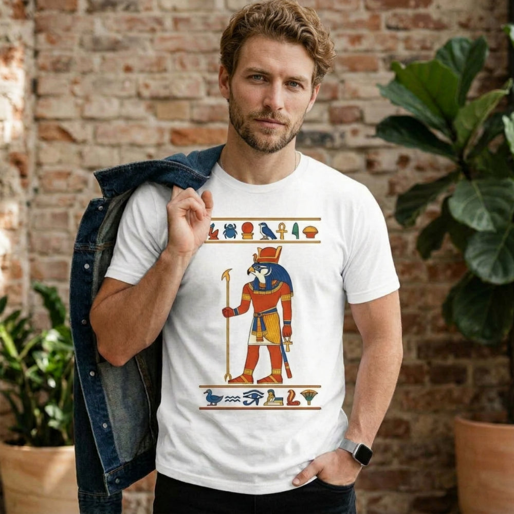 Man wearing white t-shirt with Egyptian hieroglyphs and Ra figure.