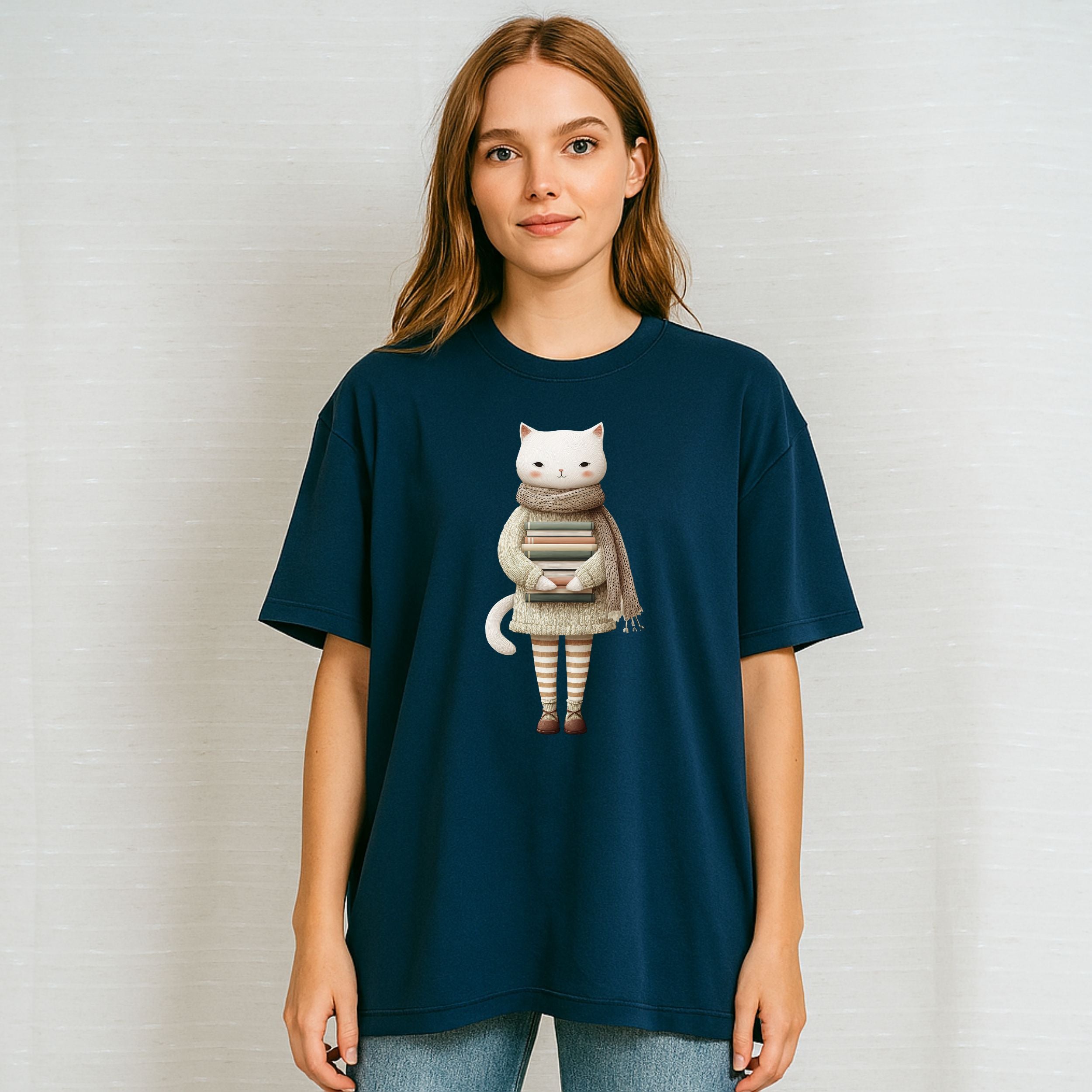 Whimsical Cat with Books Graphic Unisex T-shirt