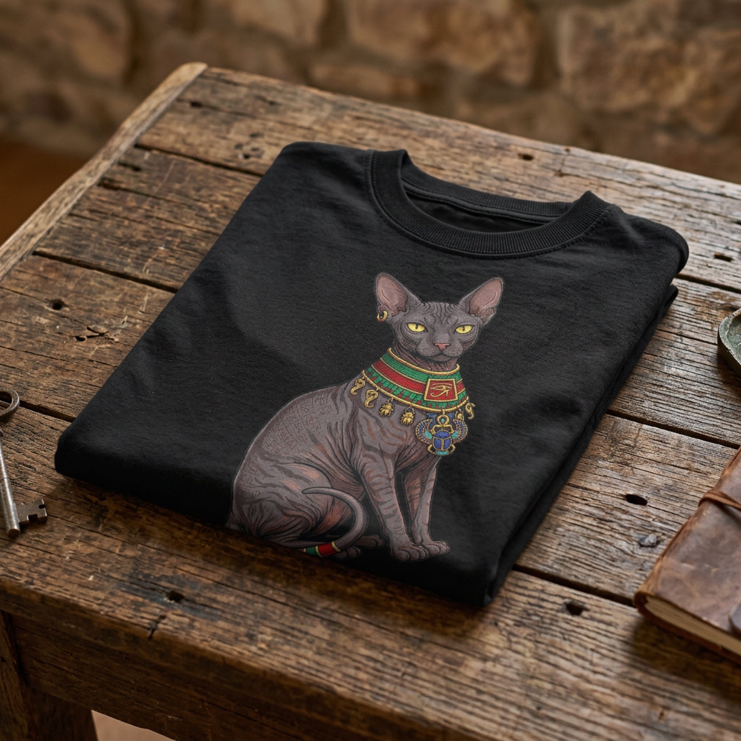 Black t-shirt with graphic of a Sphynx cat wearing Egyptian jewelry.