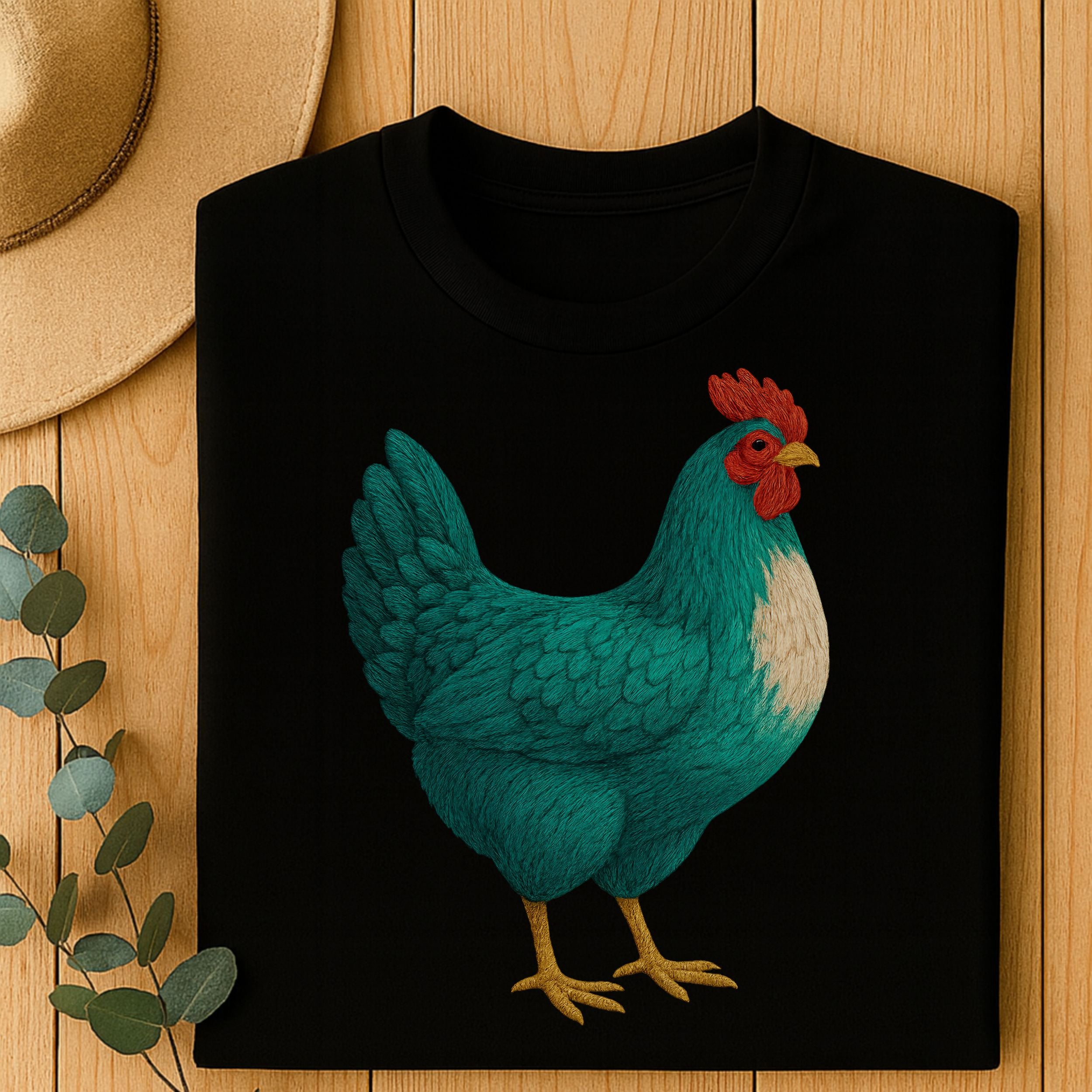 Teal Chicken Design on Black Folded Shirt