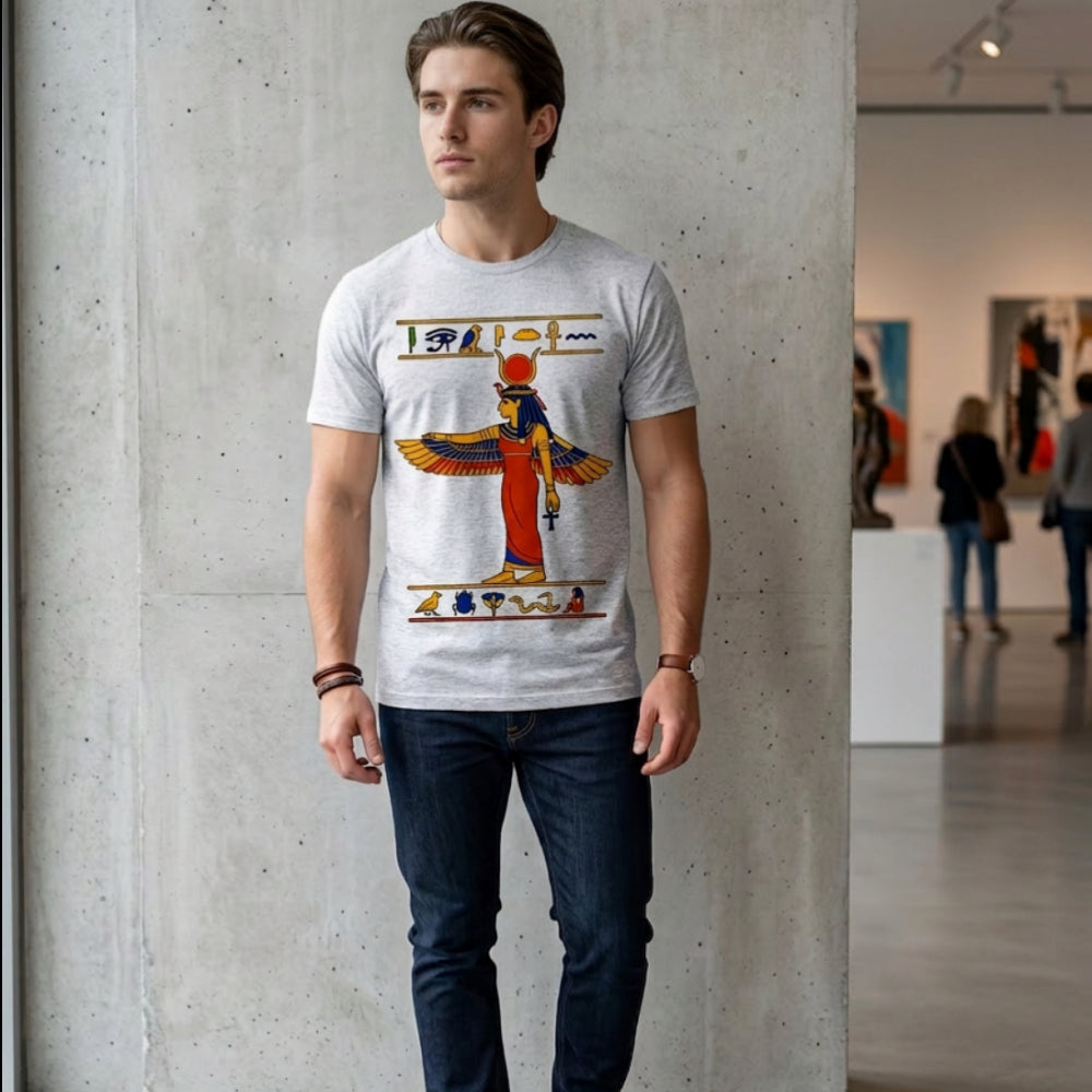 Man wearing grey t-shirt with Egyptian goddess Isis graphic print.