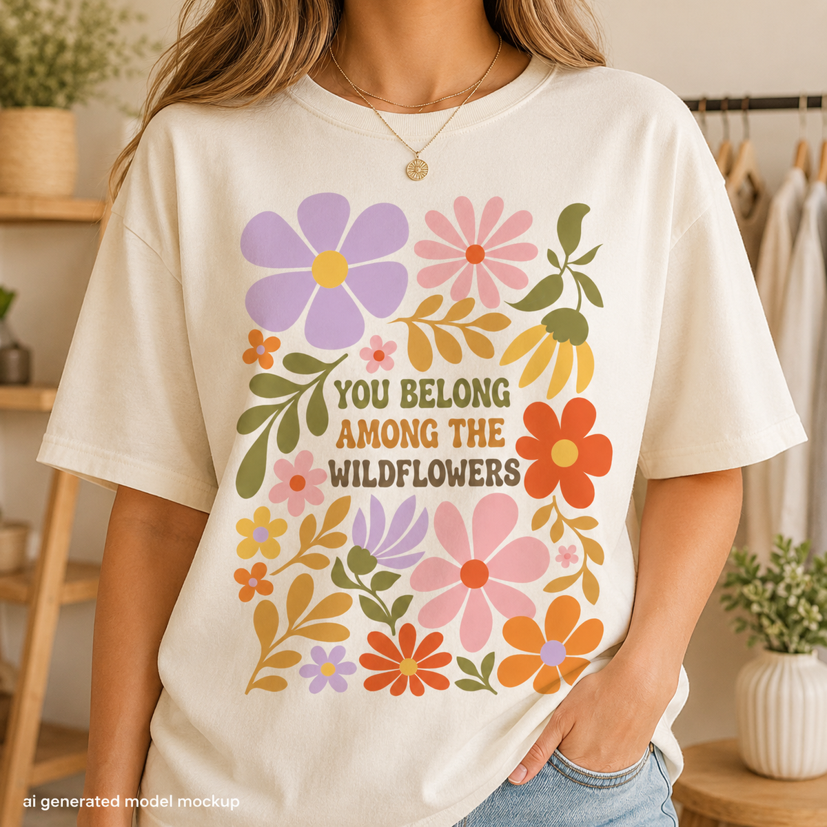 Cream t-shirt with "You Belong Among the Wildflowers" text and colorful floral graphics.