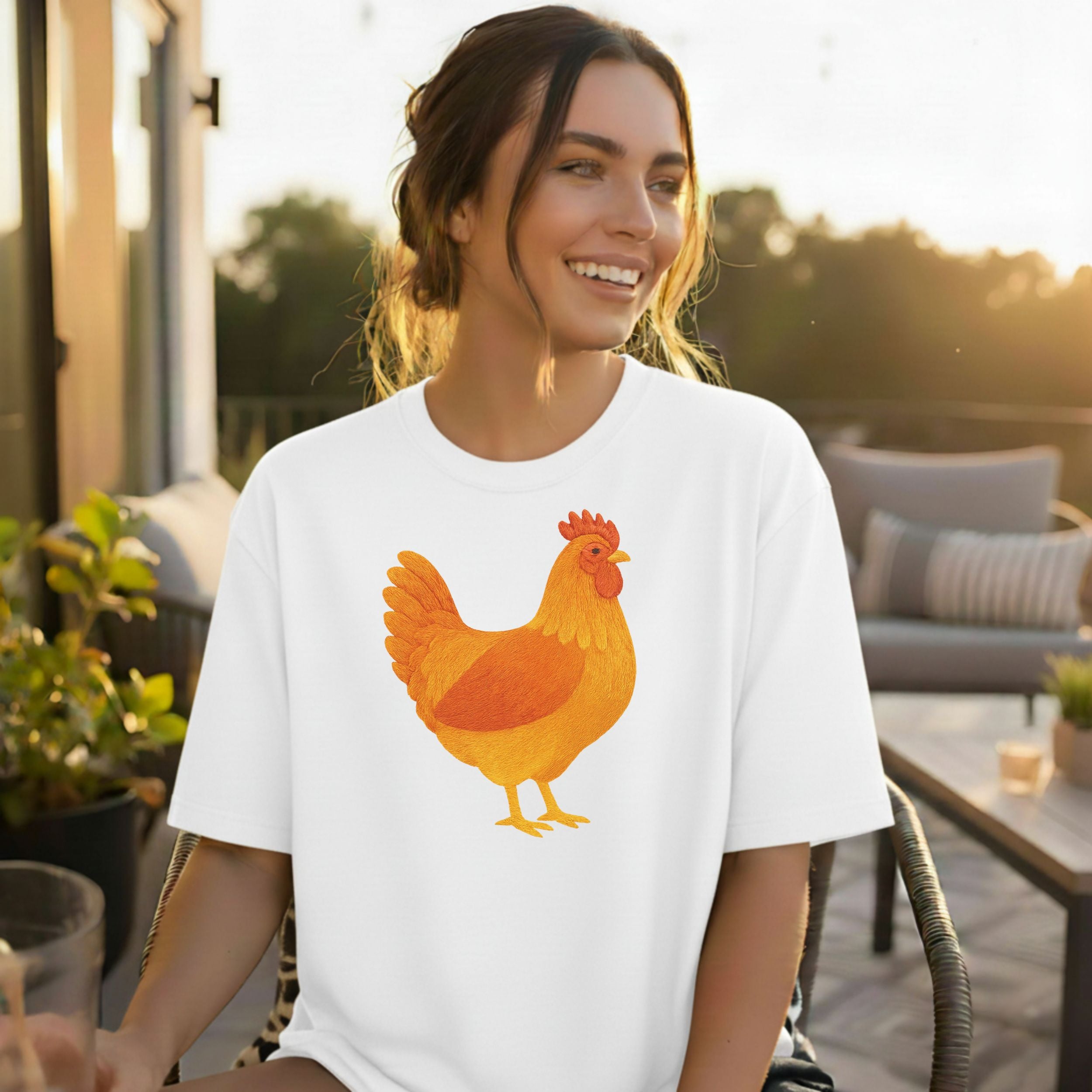 Smiling Woman in Chicken Graphic Tee Shirt product