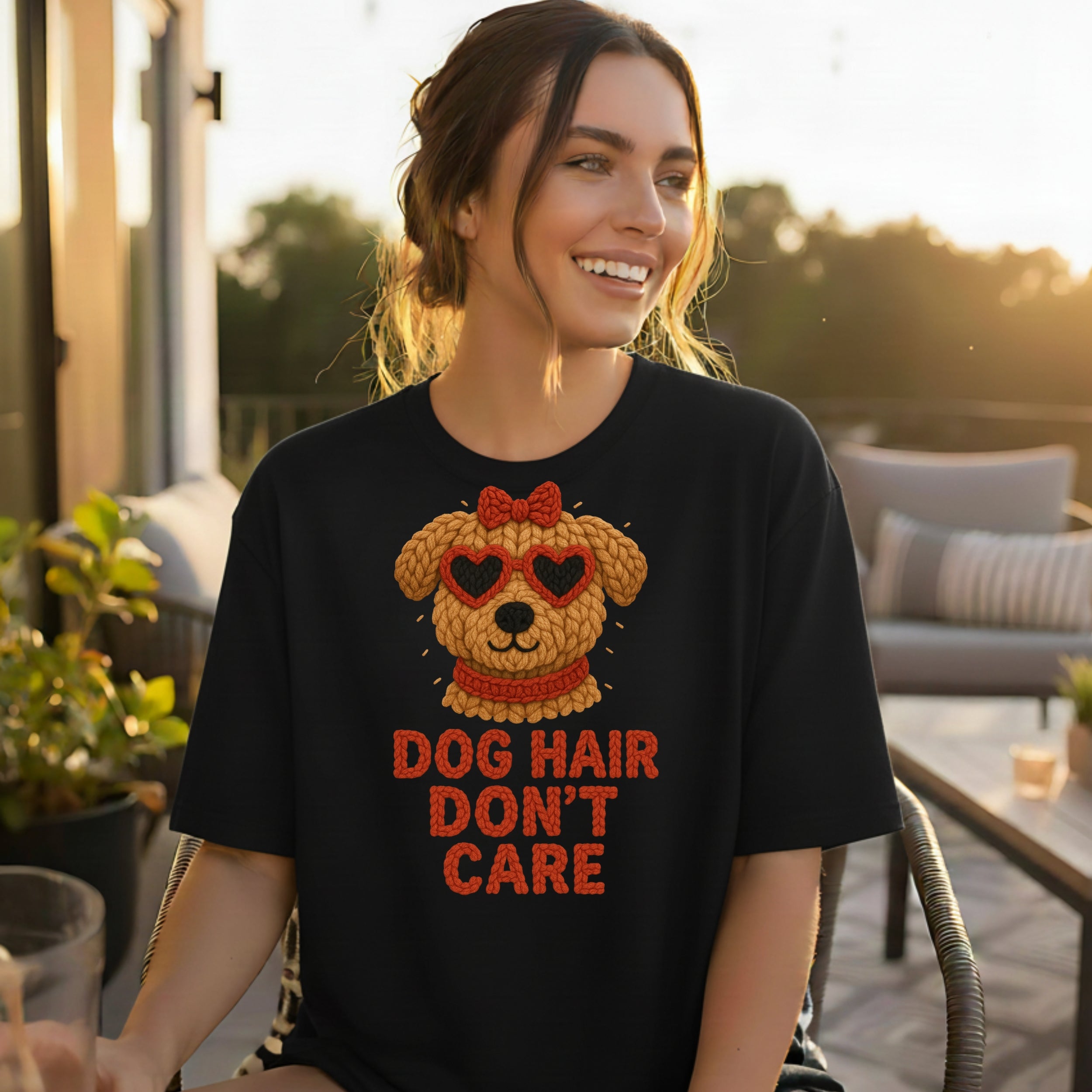 Woman wearing a black t-shirt with a dog and "Dog Hair Don't Care" graphic.