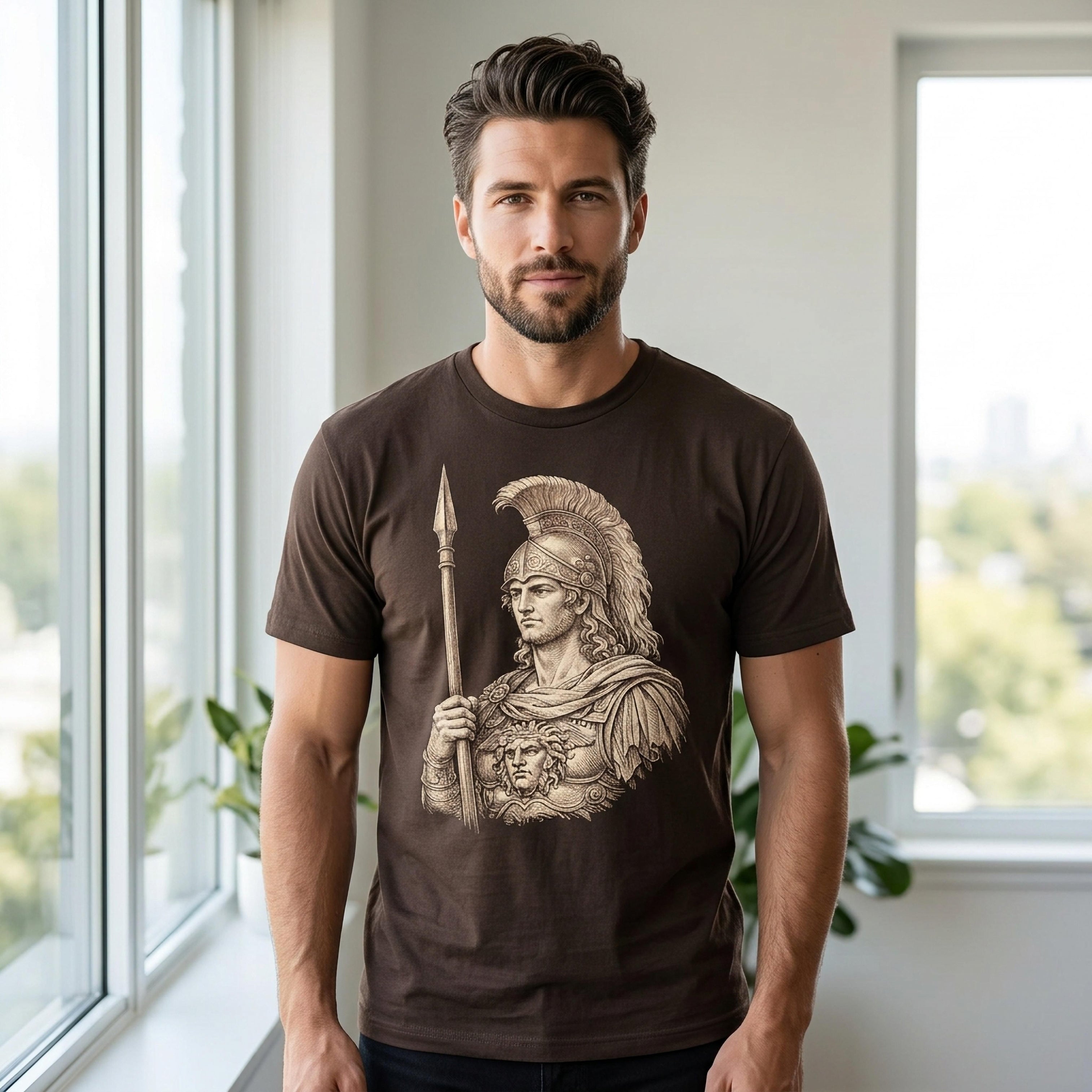 Brown t-shirt with a graphic of a Roman soldier holding a spear.
