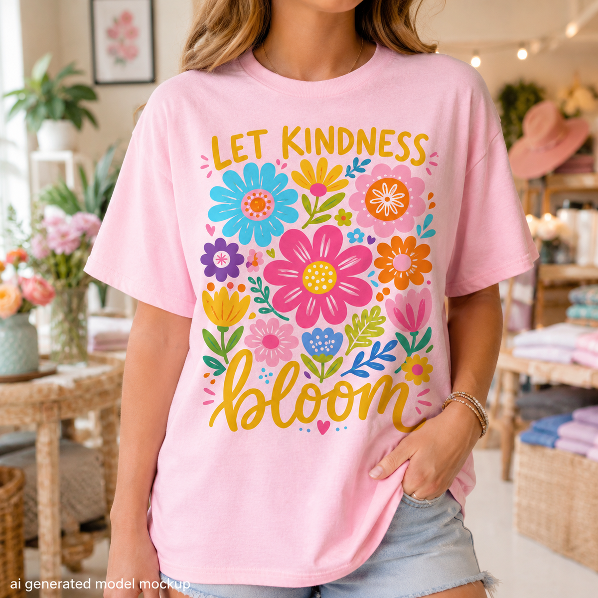 Pink t-shirt with colorful flowers and text "LET KINDNESS bloom".