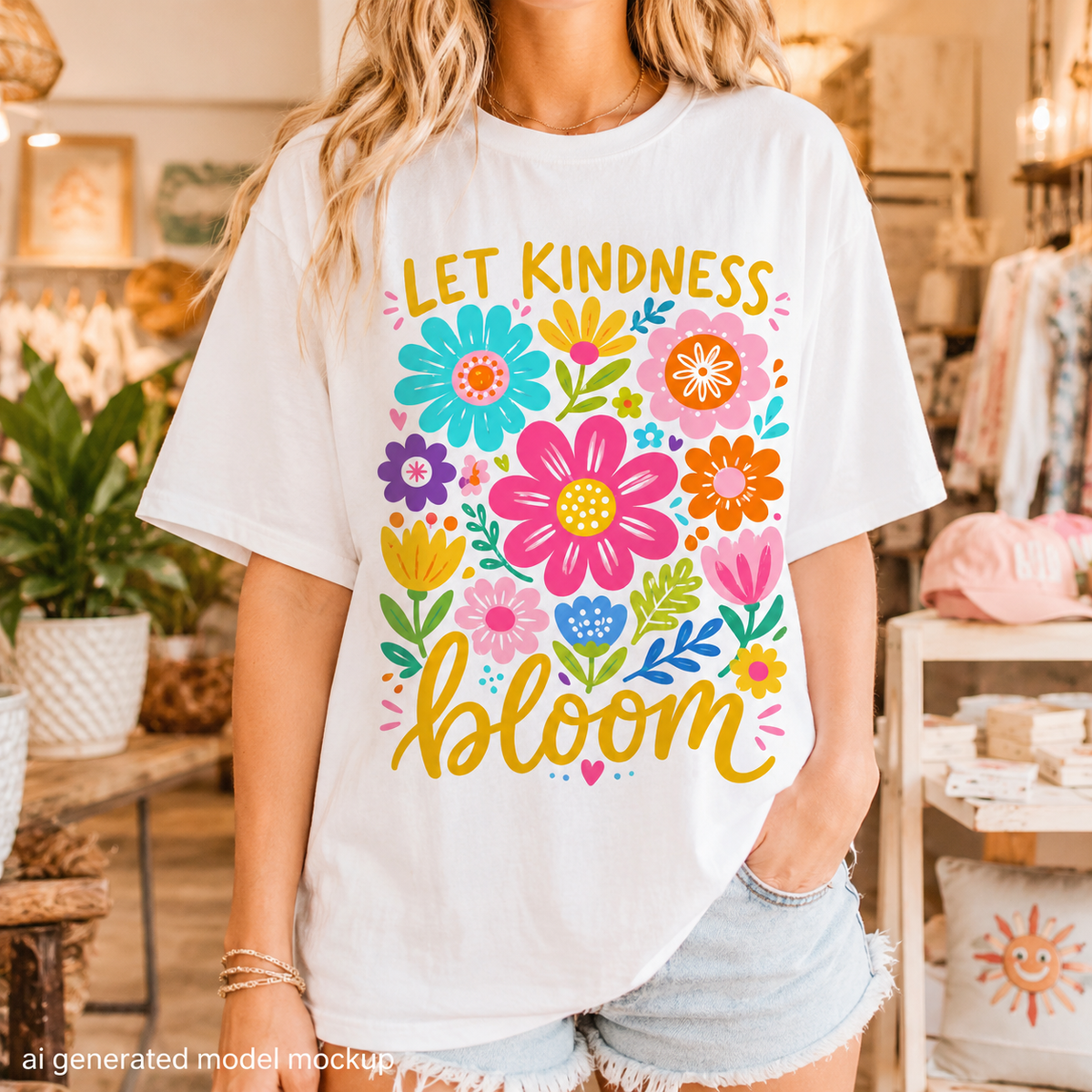 White t-shirt with colorful floral design and text "Let Kindness Bloom".