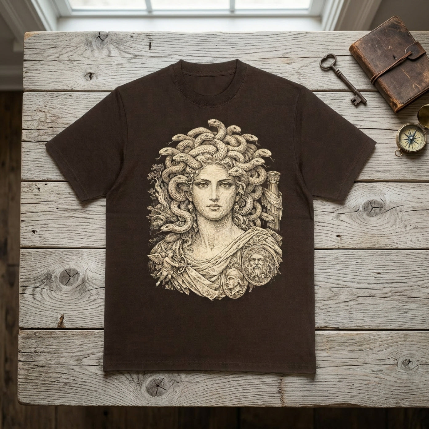 Dark brown t-shirt featuring Greek mythology illustration of Medusa with snakes for hair.