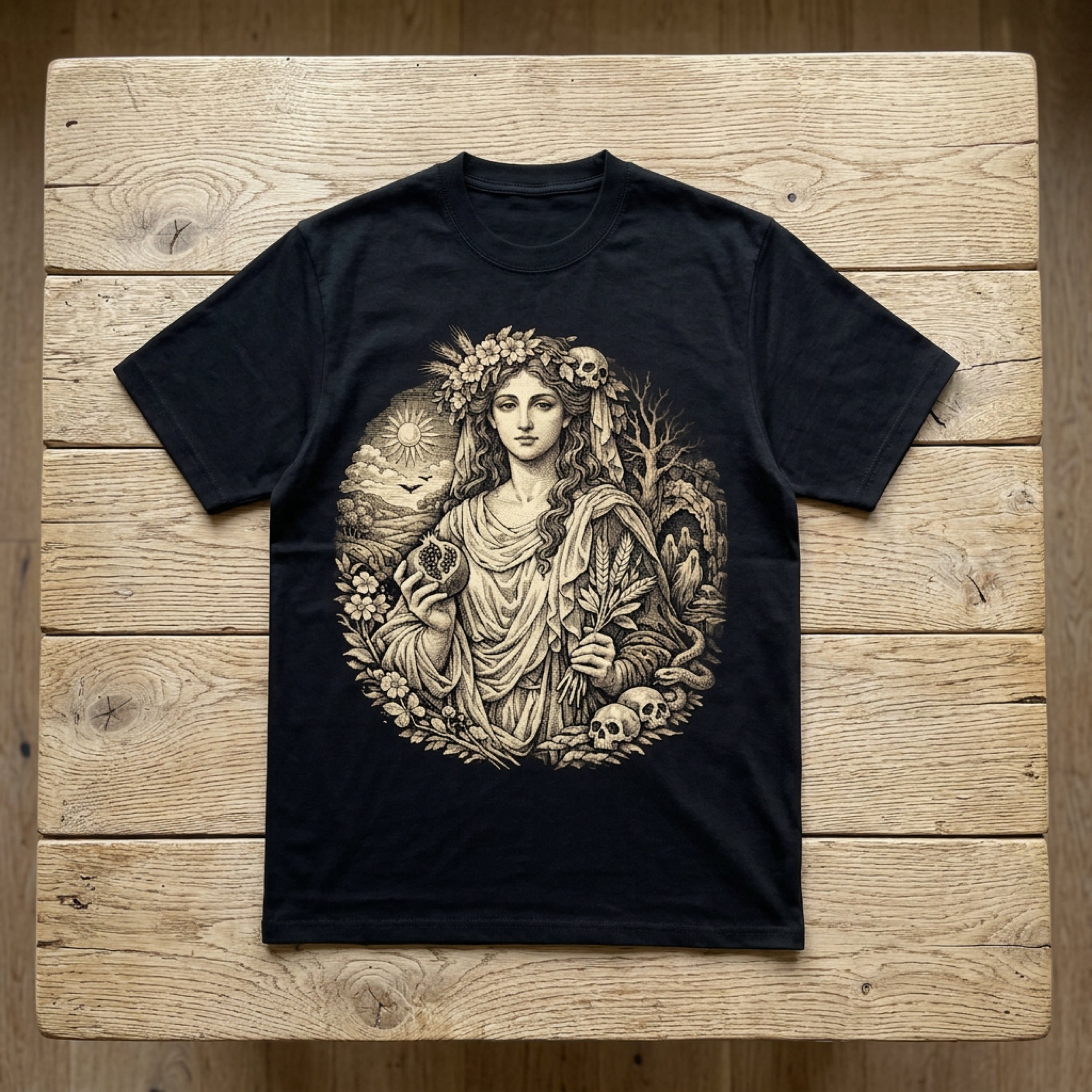 Black t-shirt with circular graphic of a woman surrounded by nature and skulls.