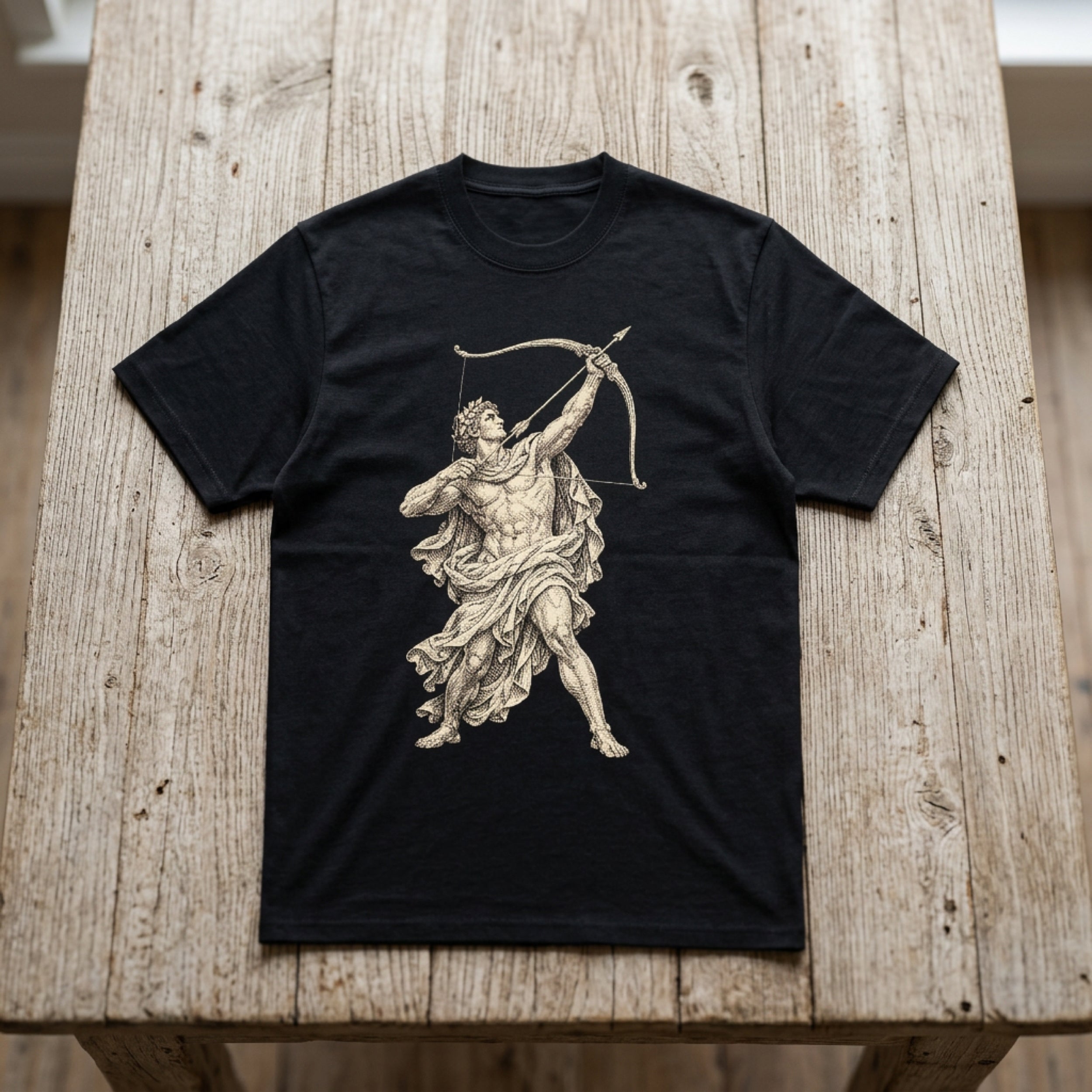 Black t-shirt with a vintage line drawing of a muscular man drawing a bow and arrow.