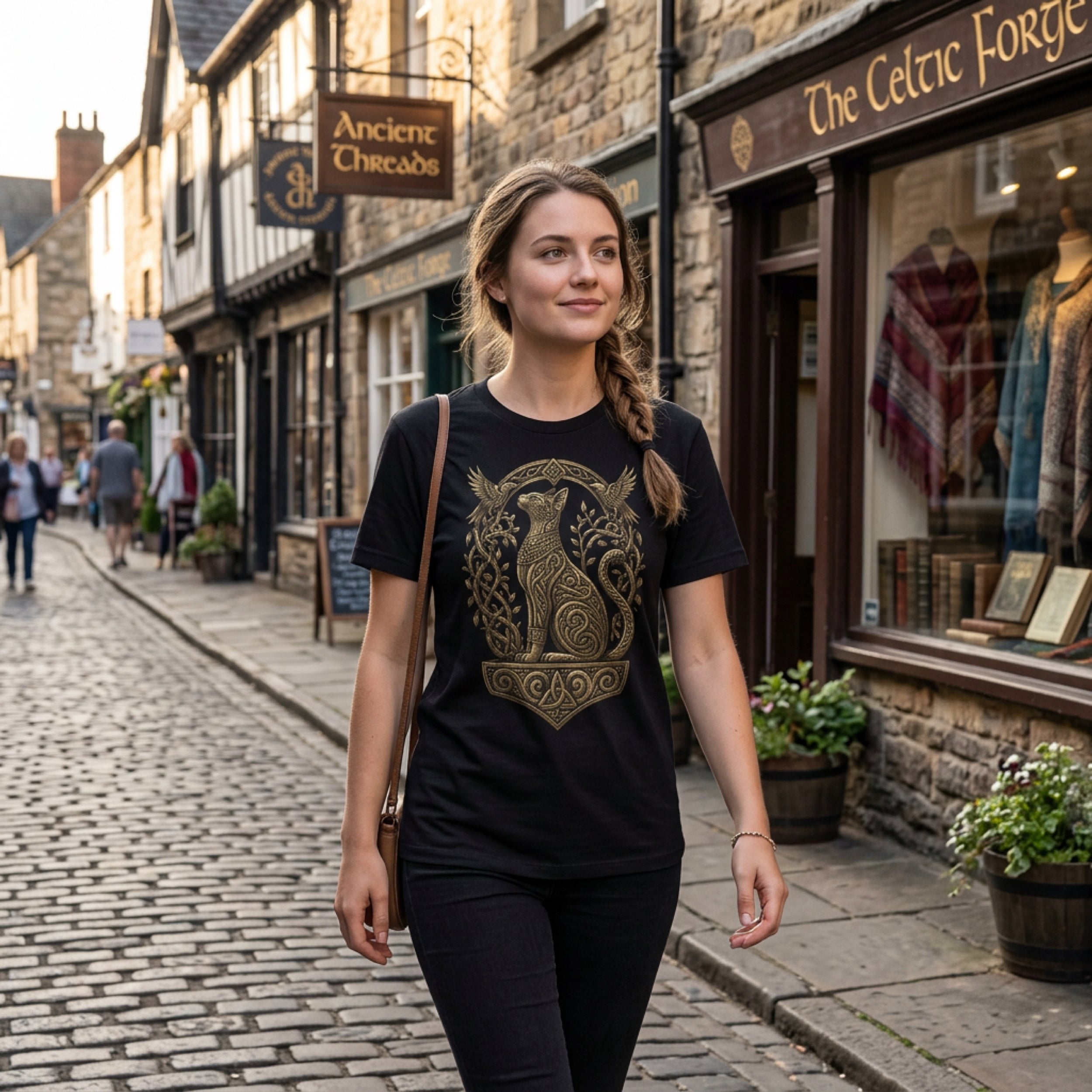 Woman in black t-shirt with gold Celtic knot animal design, walking on cobblestone street.