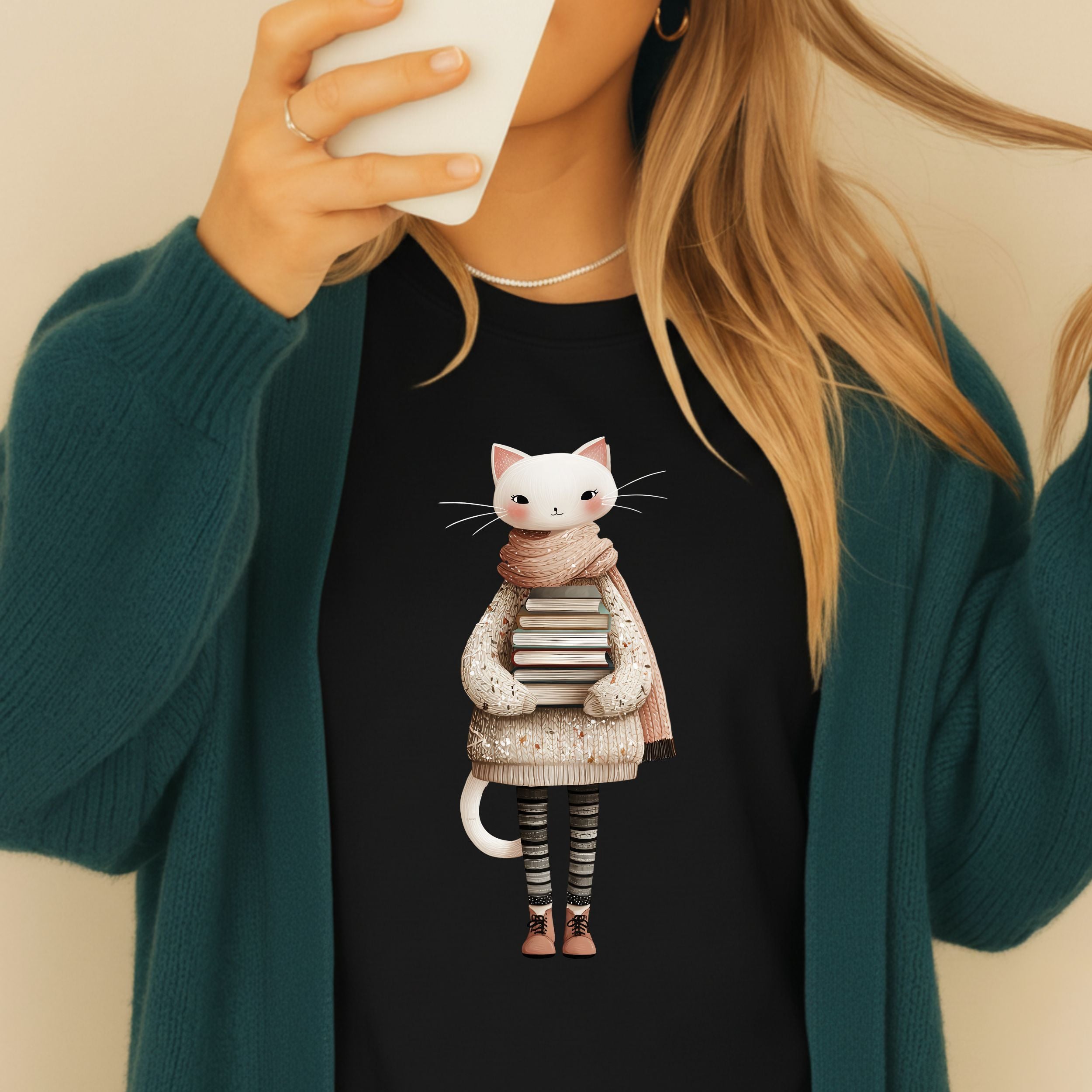 Cute Cat Holding Books Graphic T-Shirt for Book Lovers