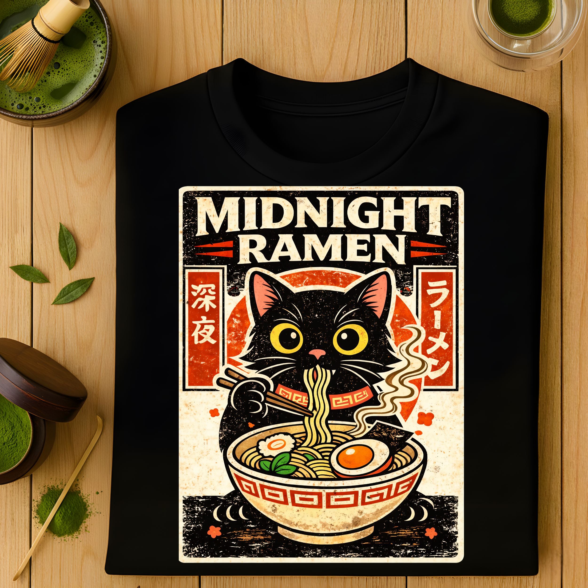 Midnight Ramen Cat Retro Style Graphic T-shirt