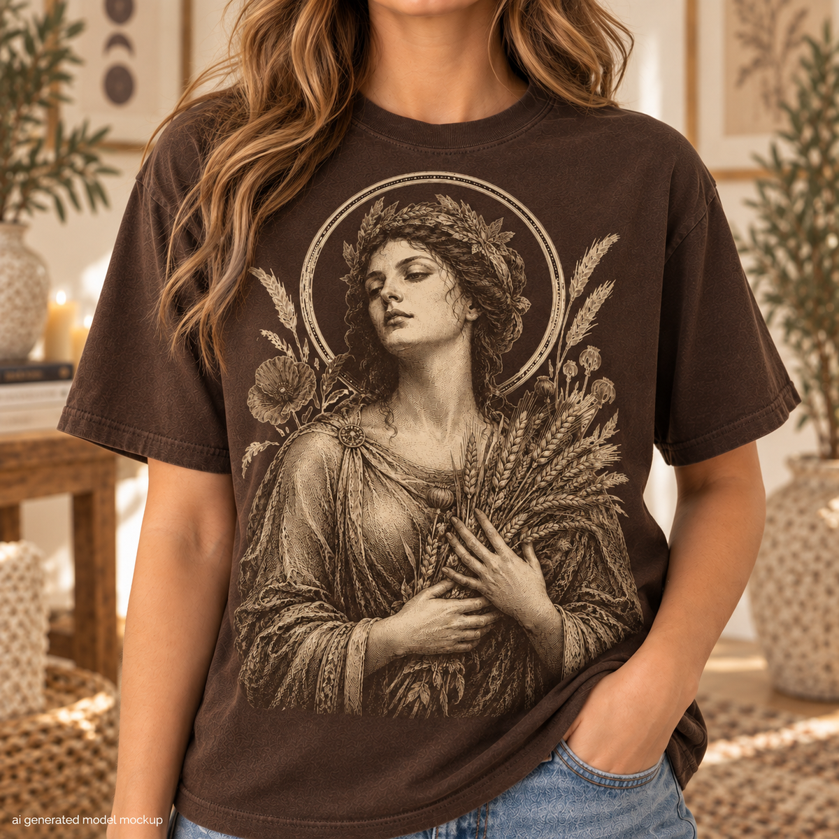 Brown t-shirt featuring a classical illustration of a woman holding wheat.