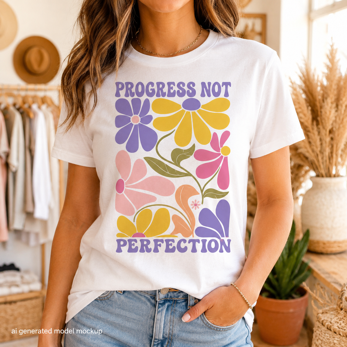 White t-shirt with "Progress Not Perfection" text and colorful retro flowers.