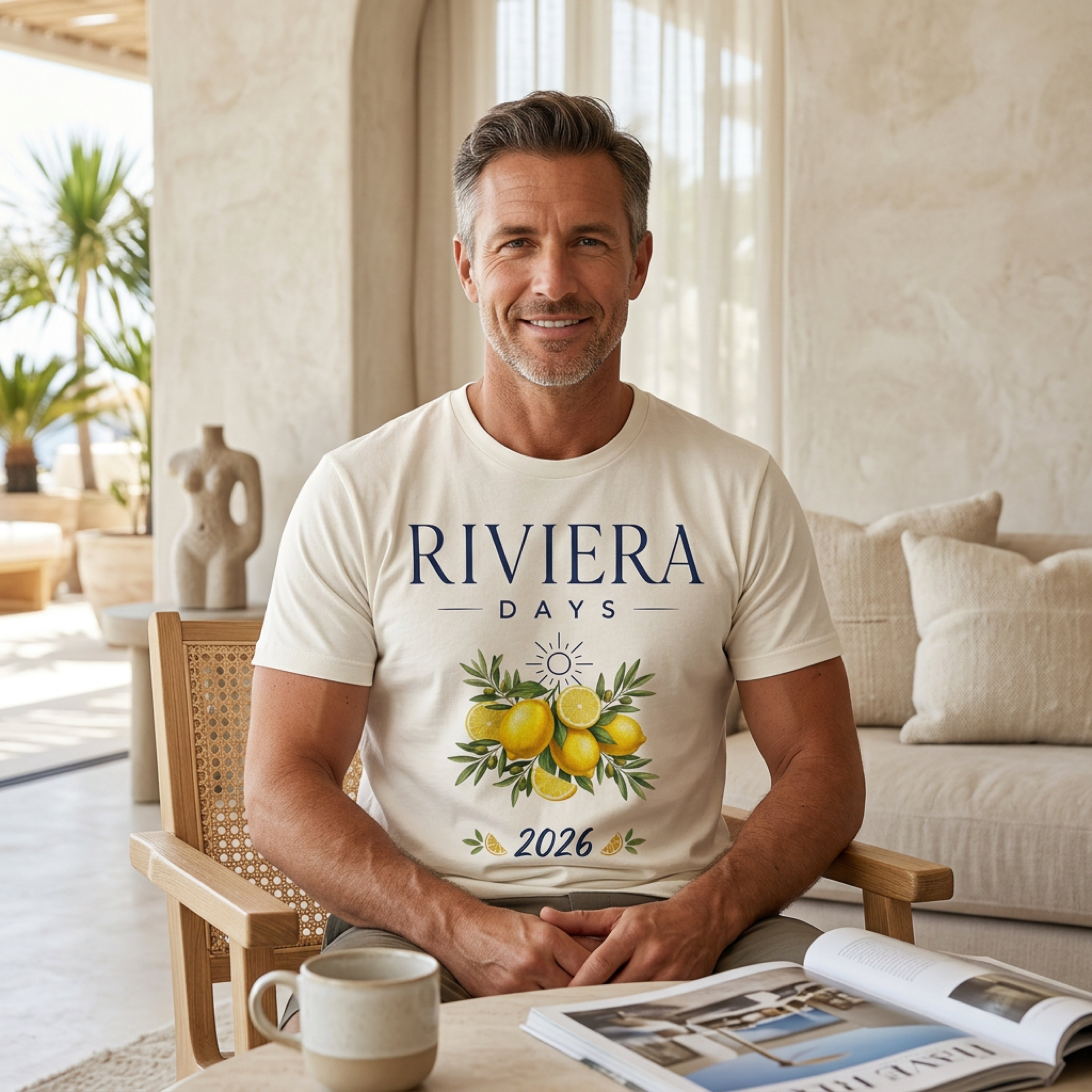 Man in beige t-shirt with "RIVIERA DAYS 2026" and lemon graphic.