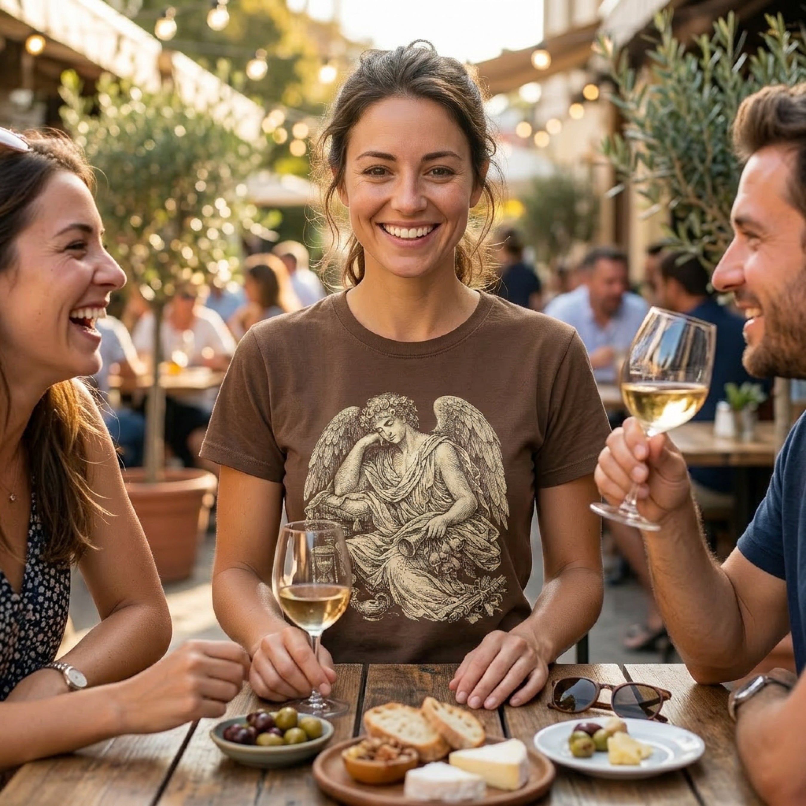 Woman in brown t-shirt with angel graphic, seated at a table with friends and food.