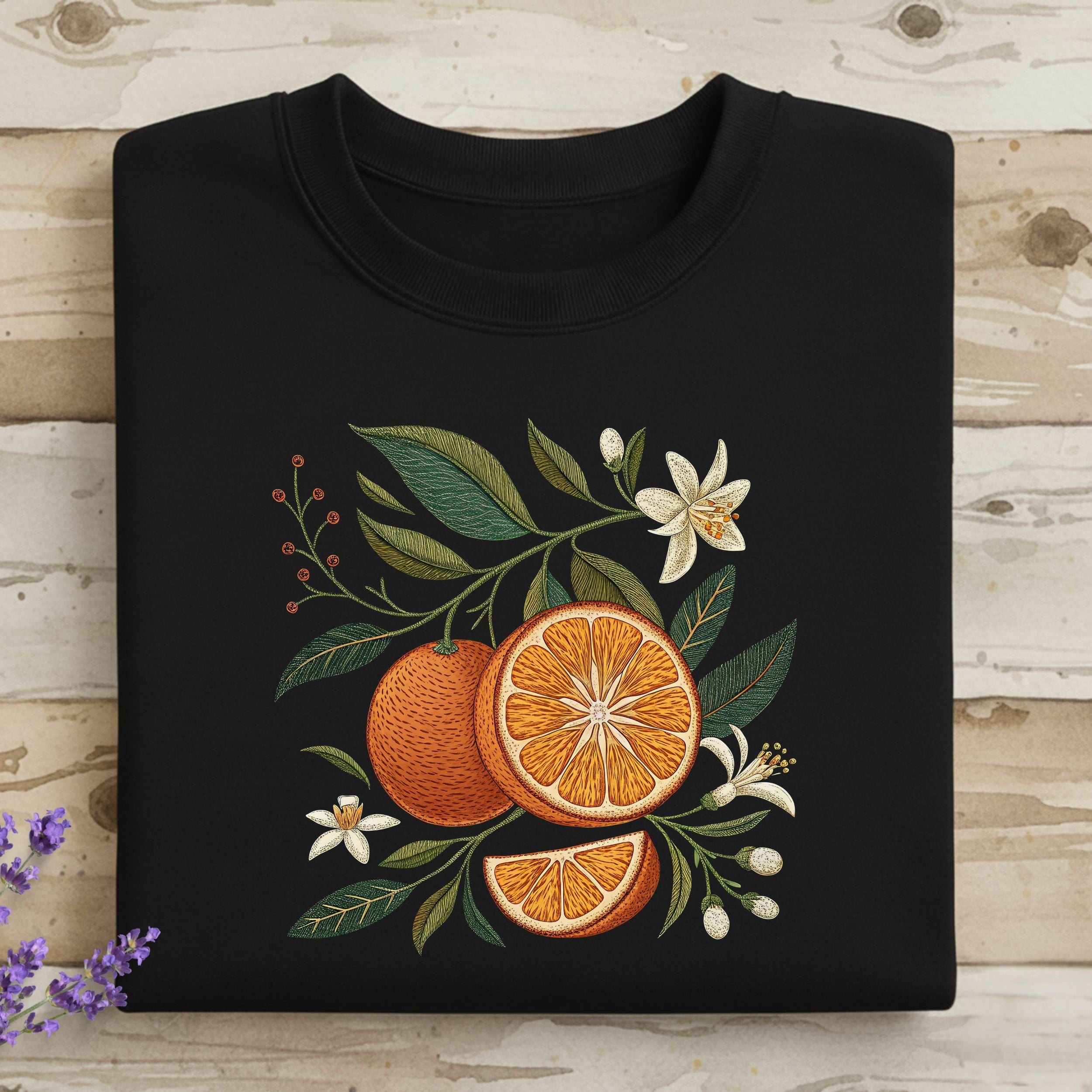 Vibrant Citrus and Floral Design on Black Shirt