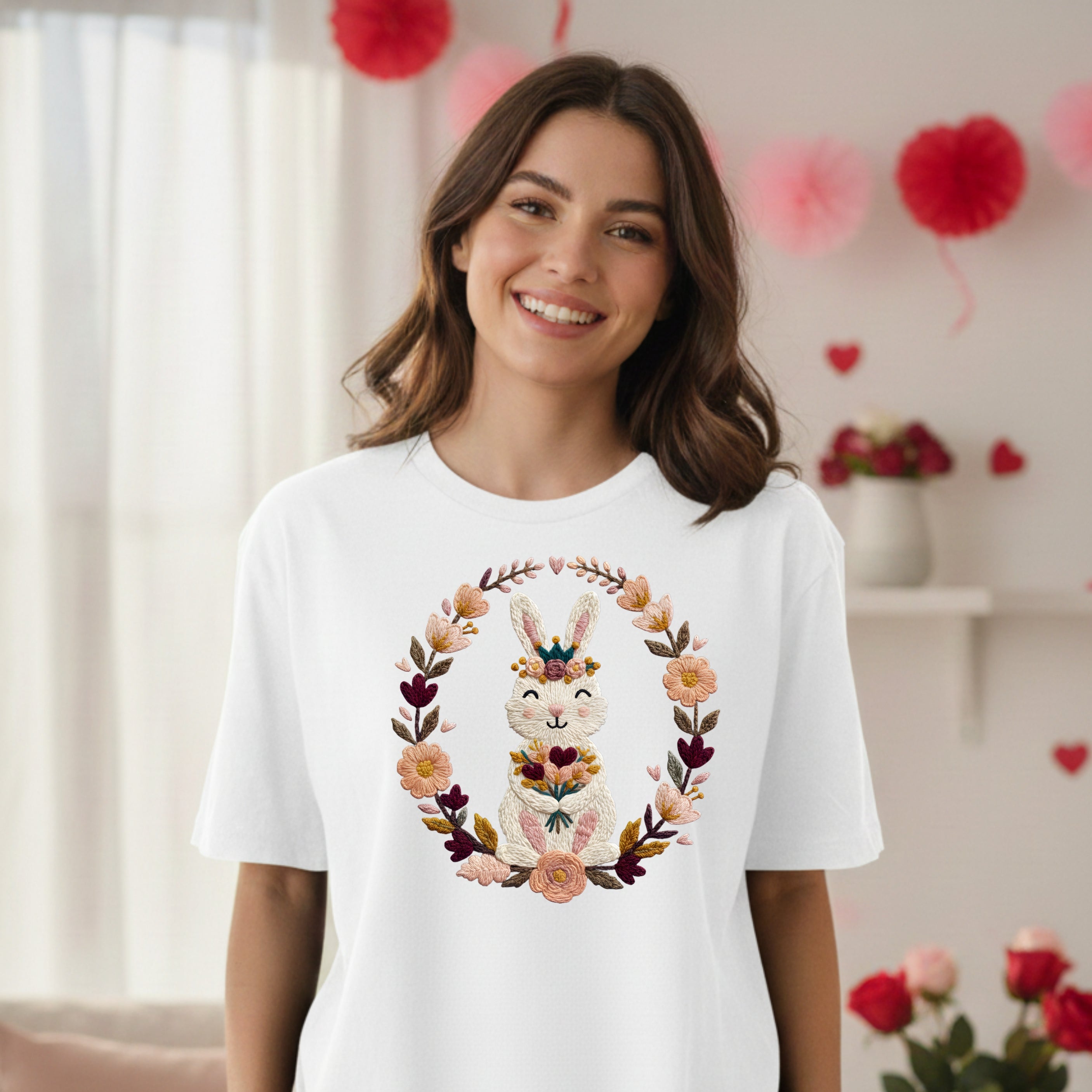 Floral Bunny Embroidered Design Women's T-Shirt