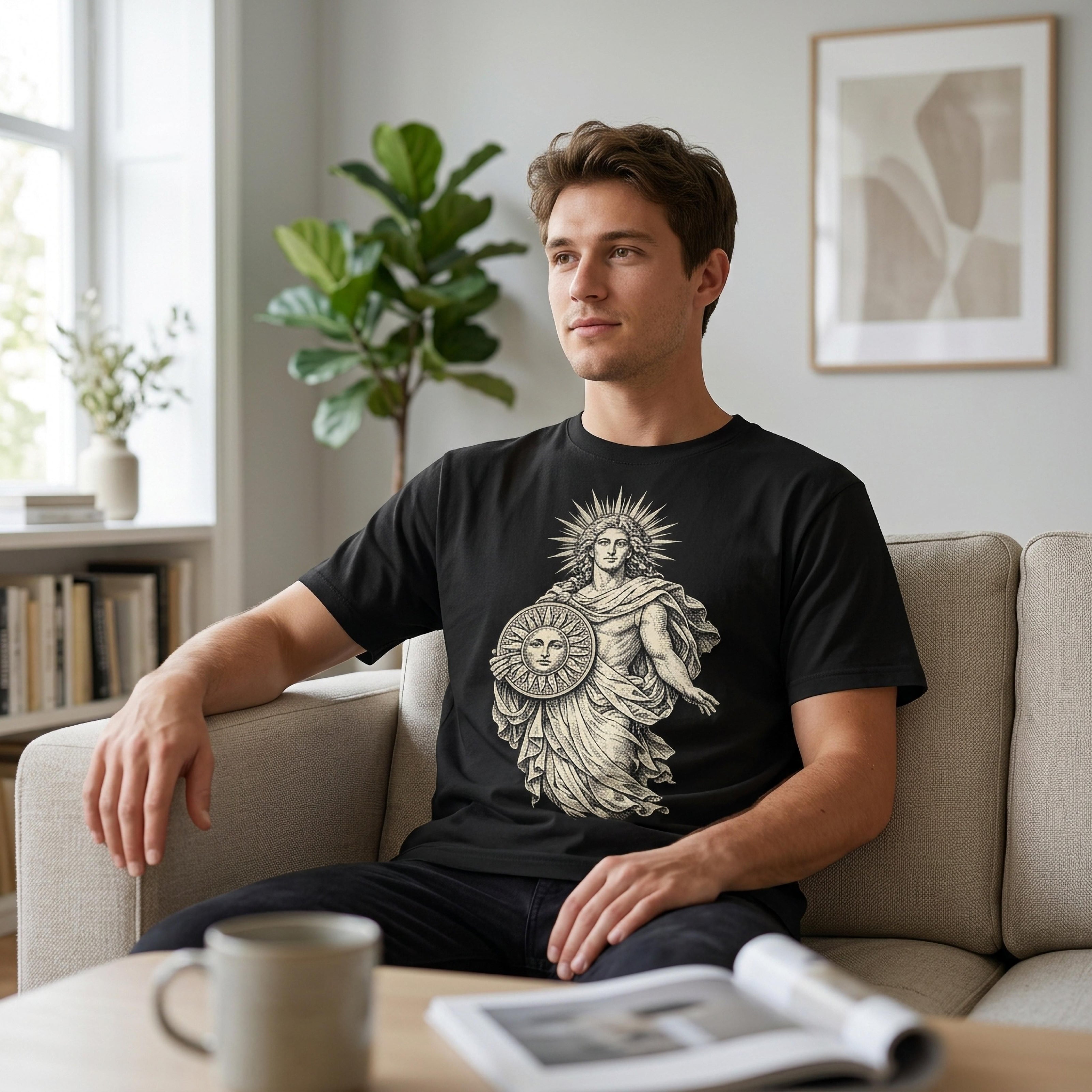 Black t-shirt with a depiction of the sun god Sol on it.