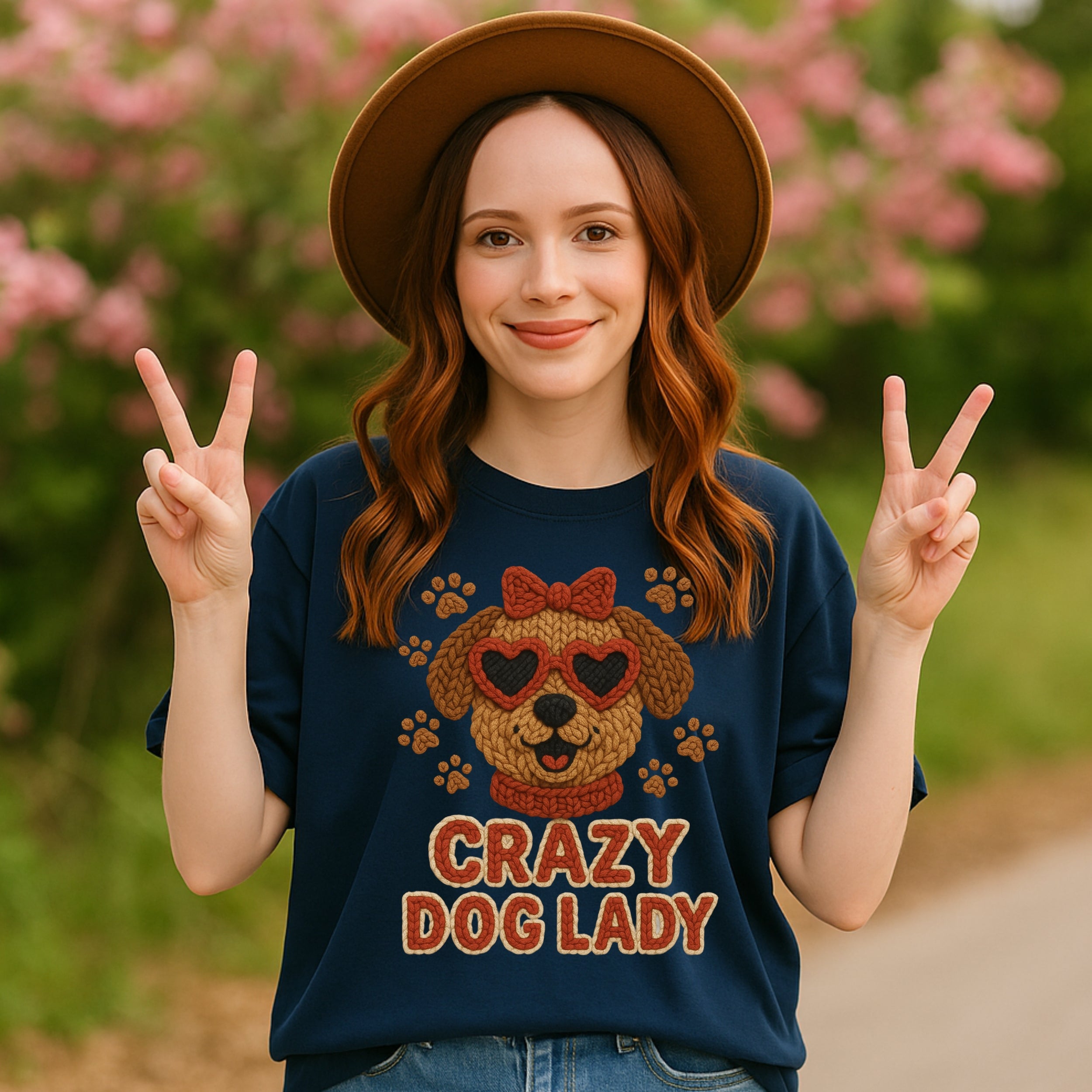 Woman wearing a dark blue t-shirt with a "Crazy Dog Lady" design.