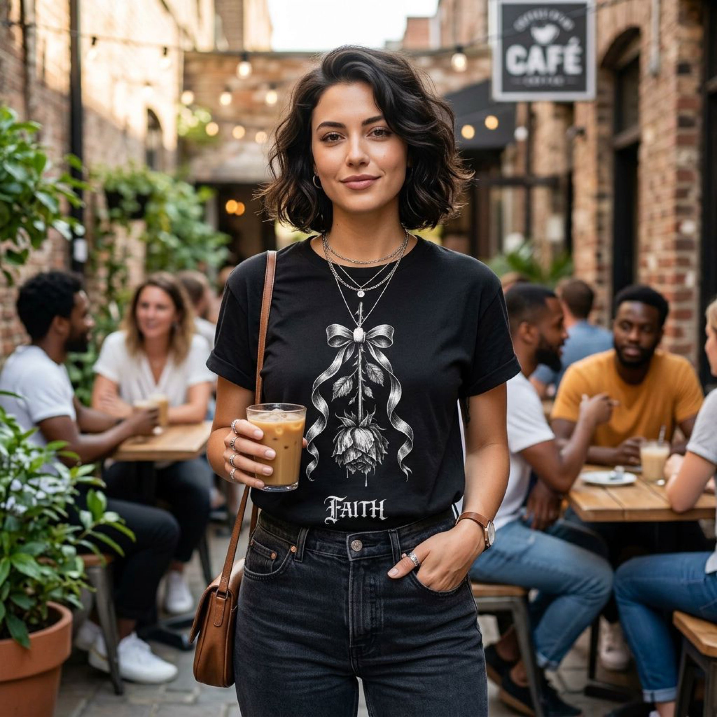 Woman holding coffee cup, wearing black t-shirt with "FAITH" and ribbon design.
