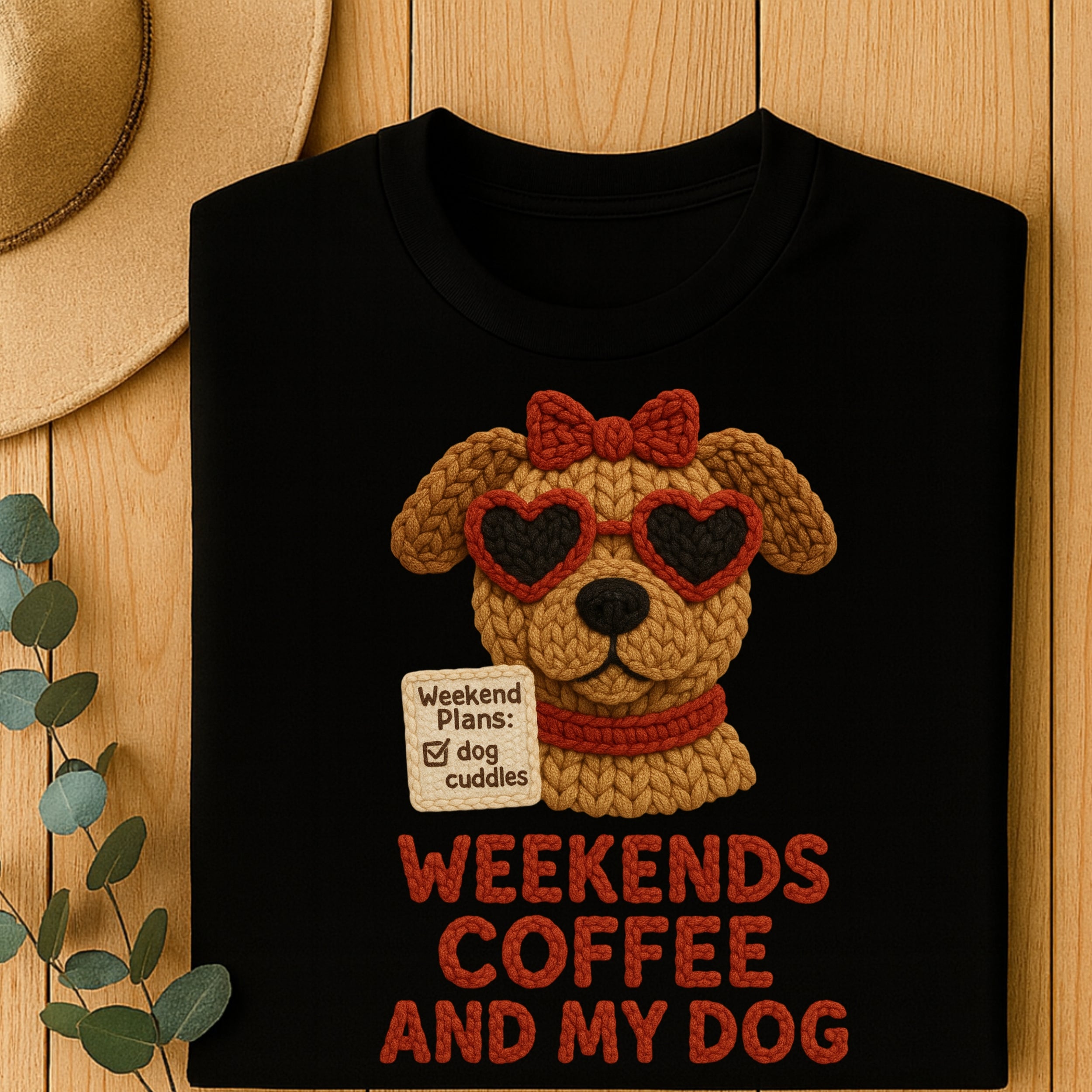 Black t-shirt with knit dog wearing heart sunglasses, text: Weekends coffee and my dog.