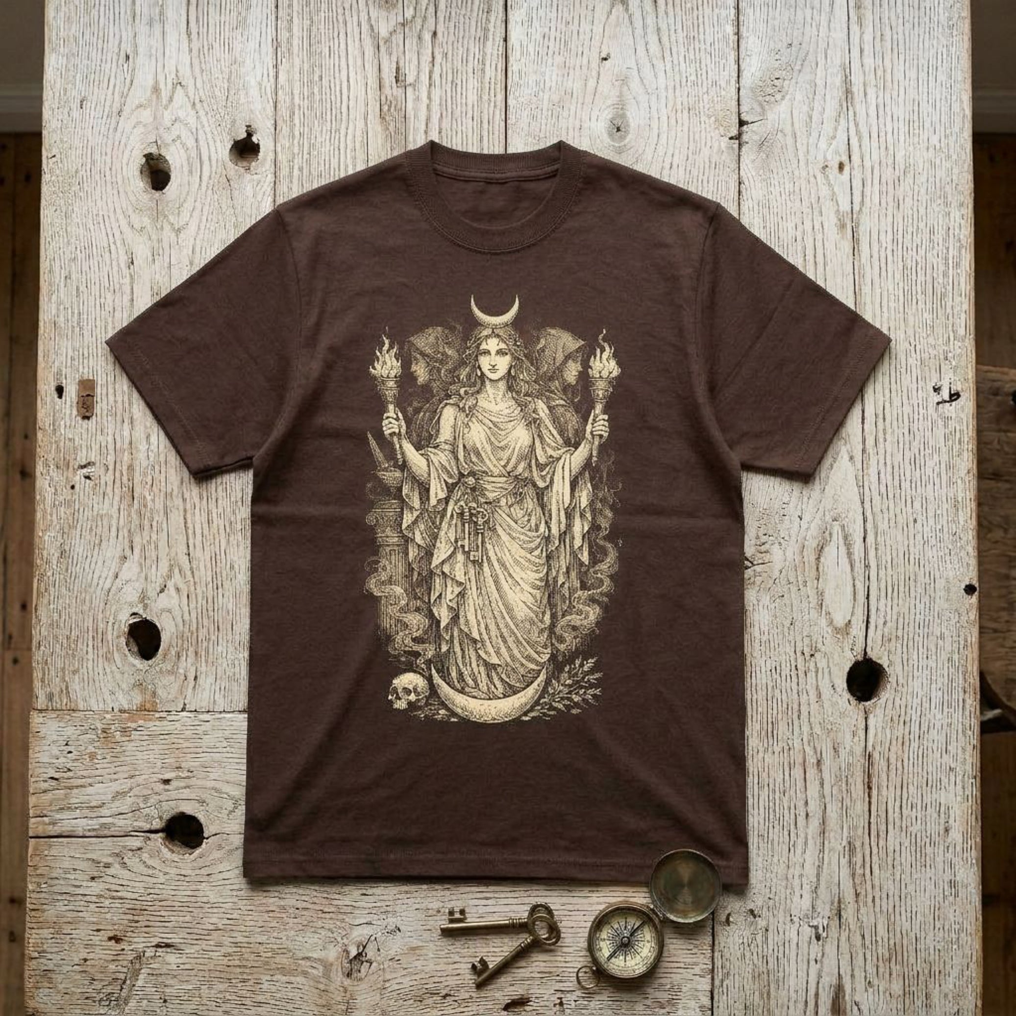 Brown t-shirt with goddess holding torches and crescent moon design.