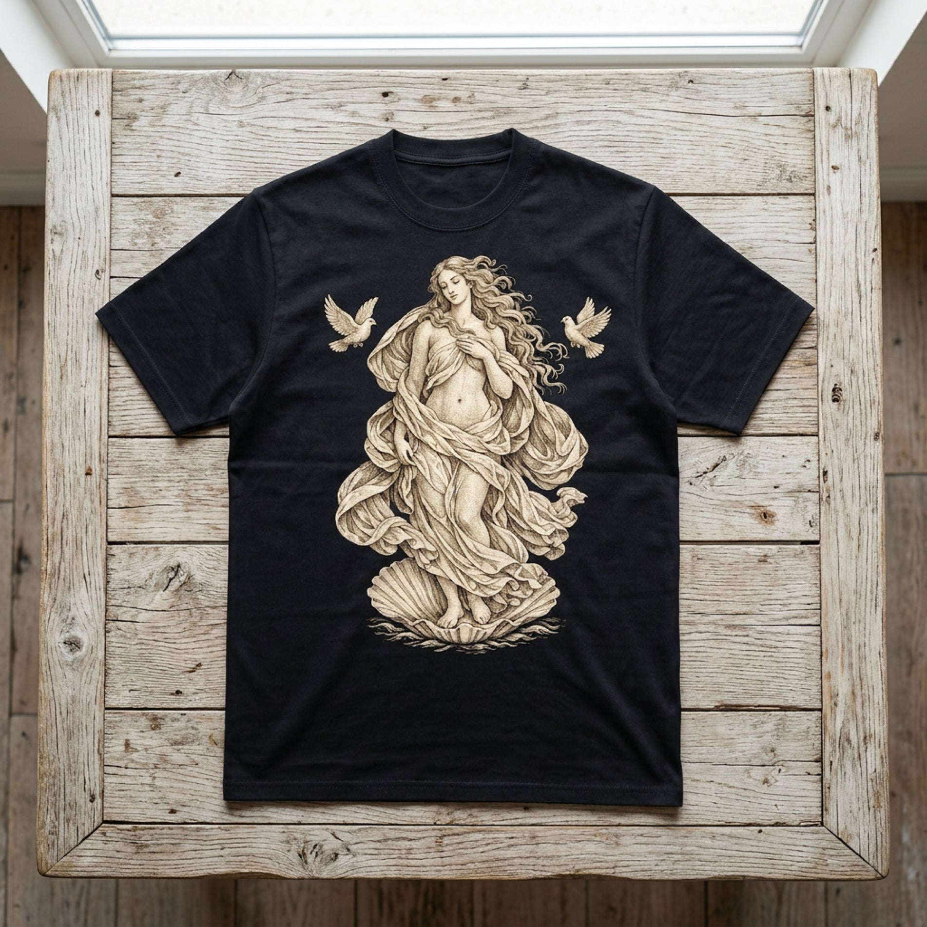 Black t-shirt with Venus emerging from a seashell, flanked by two doves.