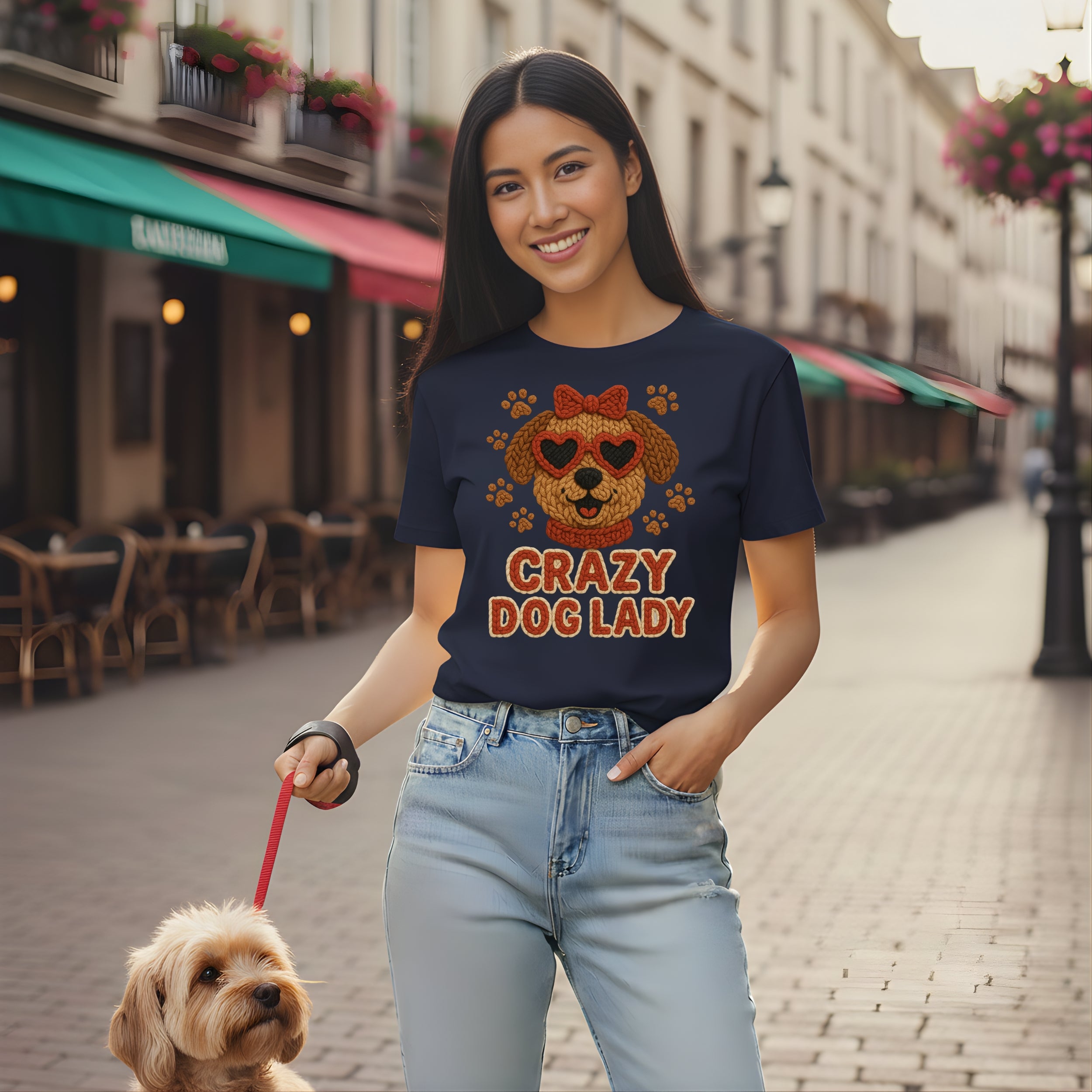Woman wearing a "Crazy Dog Lady" t-shirt with a dog on a leash.