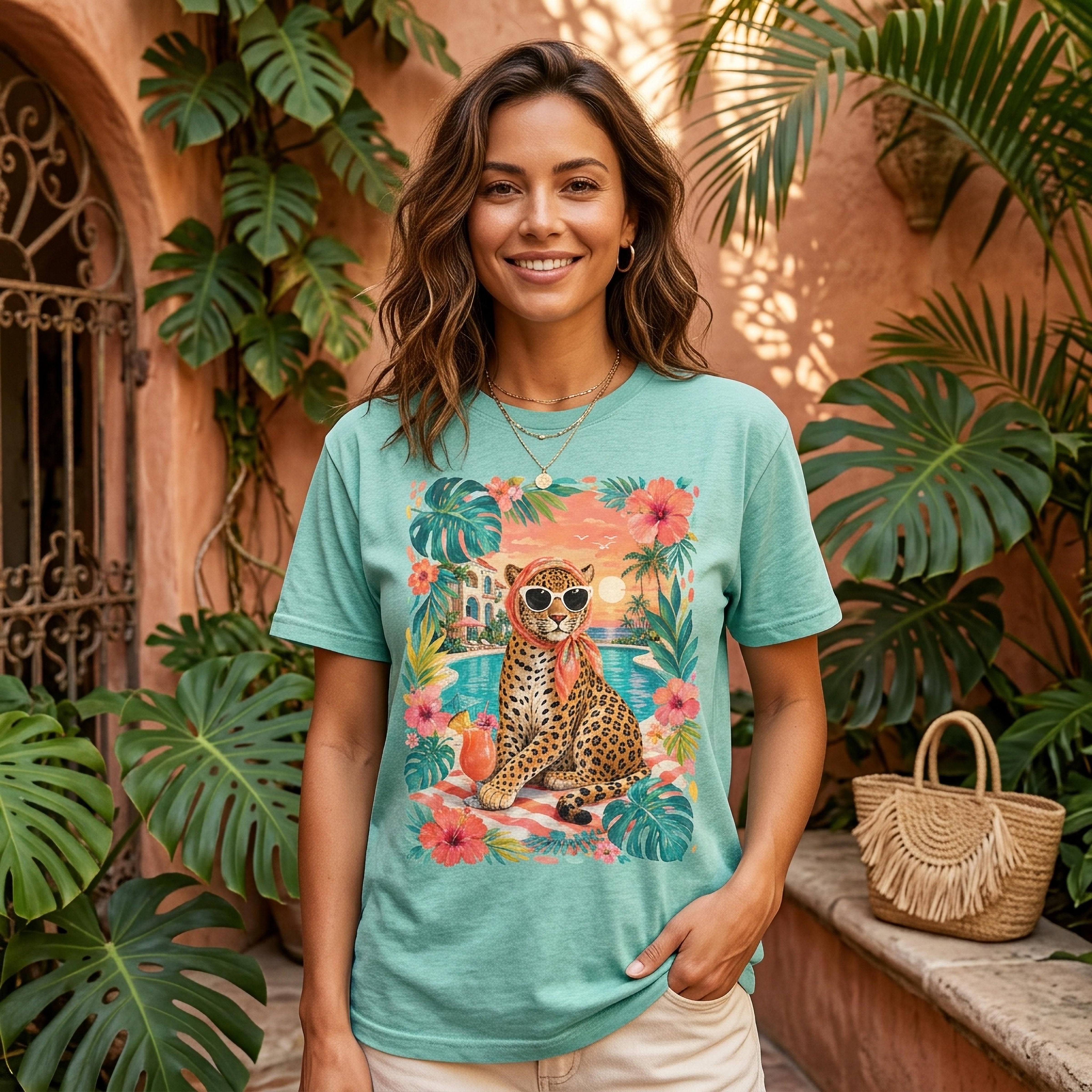 Woman wearing a teal t-shirt with a leopard in sunglasses print.